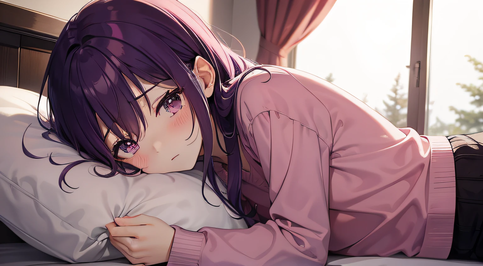 Ashamed、red blush、a bed、Purple hair