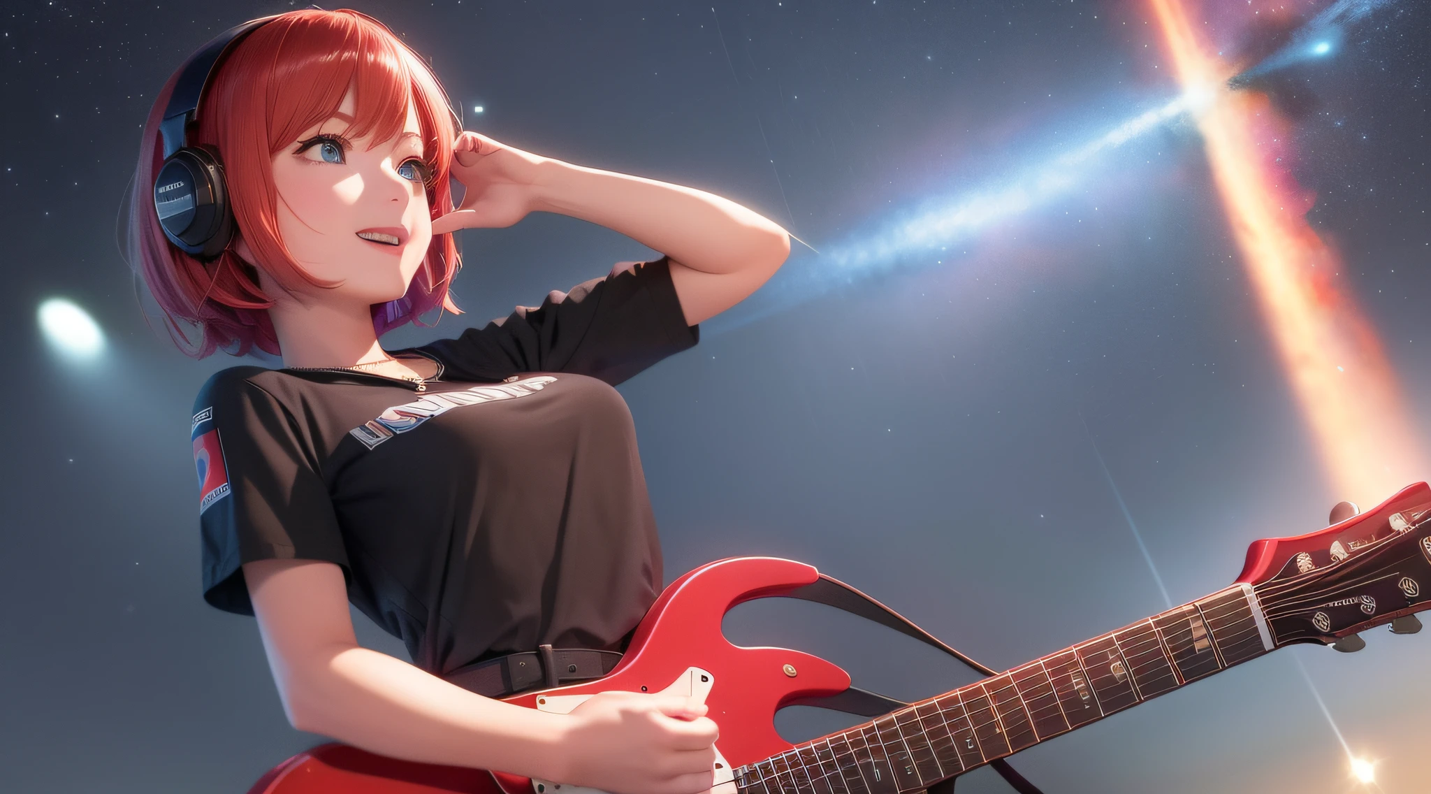 Julia, Short hair, Blue eyes, Red hair, 1girll, Smile, ((Solo)), Open mouth and smile, Listen to music with headphones，Star, Brown hair, dress, Blush, jewelry, hair adornments, instrument, guitar, :D, Skirt, necklace, (Graphic T-shirt with denim or leather jacket),(zoomout:1.5), (meteor shower:1.2), (comets:1.1), Your name, Low angle, (Red guitar strap:1.5), Holding a guitar with a guitar strap with highly detailed eyes, pupils, Masterpiece, Best quality, hyper HD, high resolution, (Girl playing guitar in the distance), (meteors), Starcloud, Star, Night, (High contrast),RGB hue，Youtube cover，wallpaper hd。