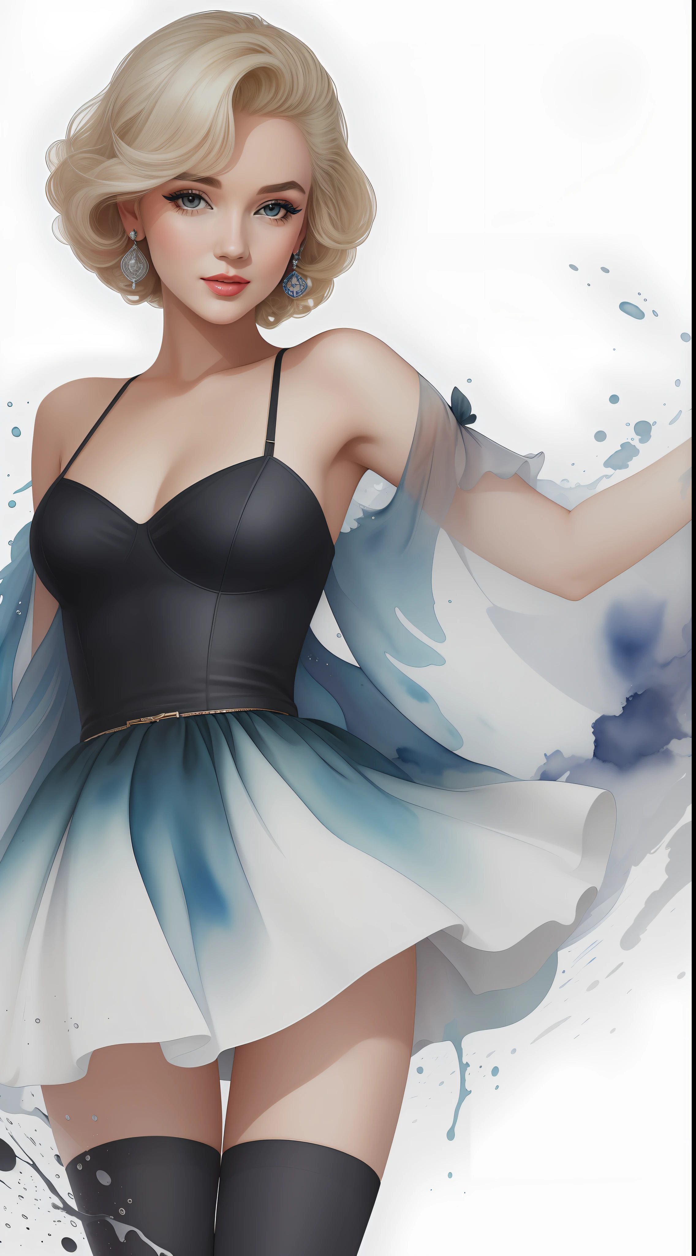 Marilyn Monroe stechu,(white background:1.4), (( Vogue fashion)), (full body shot),standing, original,(illustration:1.1),(best quality),(masterpiece:1.1),(extremely detailed CG unity 8k wallpaper:1.1), (colorful:0.9),(panorama shot:1.4),(solo:1.2), (ink splashing),(color splashing),((watercolor)), clear sharp focus,{ 1girl standing },(24 years old)((Vogue fashion style )),flower background,outdoors,Lilys, looking at viewer, make happy expressions,soft smile,pure,beautyfull detailed face and eyes,beautyfull intricacy clothing decorative pattern details, black hair,black eyes,colorwater