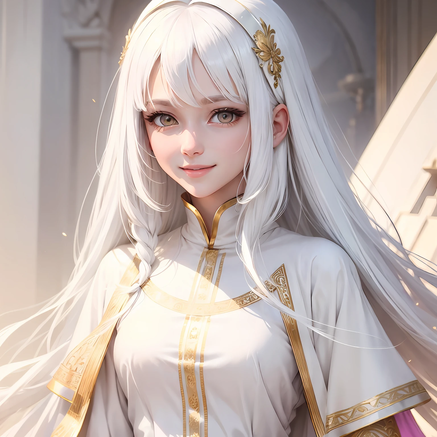 best quality, white hair, gold eyes, white clothes, looking up, upper body, hair strand, Fair skin, smiling