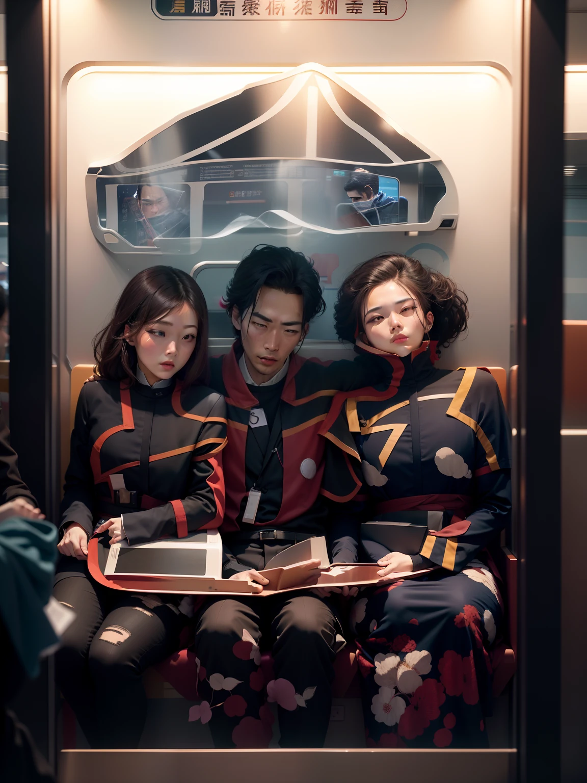 Two men and one woman sit in the Caiyun high-speed train and move forward