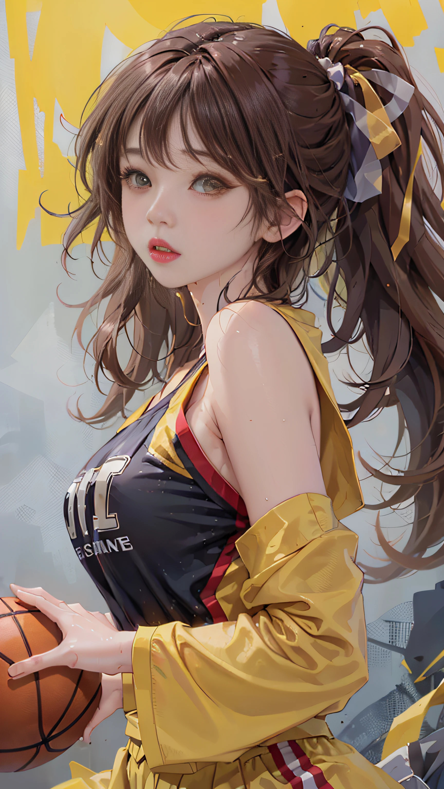 Super beautiful glowing eyes、masterpiece:1.2、top-quality)、realisitic、(Real Image、Rich detail details、depth of fields)、(1girl in、独奏)、make - up、Cleft lips、High Details、Perfect face shape、(Skindentation)、big breasts thin waist、A tall、The corals、red-lips、red eyes、poneyTail、((((basketball girl、Transparent yellow basketball suit))))、(perspiring:1.2)、(wet)、A sexy、red blush、perspiring