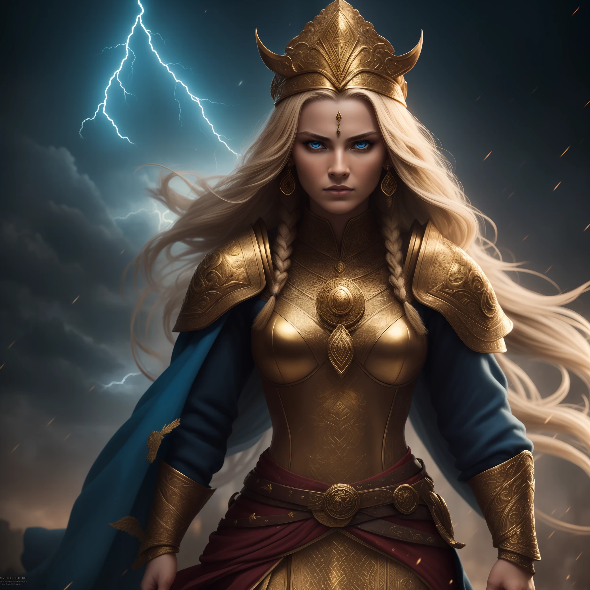 Cinematic detailed photo of a female viking warrior.... wearing a golden armour with intricate details...Cobalt blue tribal marks on her face… dirty blonde braids fell onto her shoulders...in the style of vray tracing, dima dmitriev, intense gaze, masculine, light cyan and red, master of shadows, cinematic lighting, extremely detailed, 4K, center focused, with an artistic touch that echoes the style of intensity and grandeur, embodying a blend of feminine grace and unyielding strength in the grandeur of 4K cinematic artistry. Thunder and lightning with intricate textures and details in the background, suggesting a the lady viking standing victorious in war or chaos, blood spatters add to the dramatisation and cinematic look, beautiful detailed gold ornaments, detailed gold third eye ornament, magic theme, elegant, ornate Beautiful Lighting, hyper realistic, highly detailed, sharp focus.