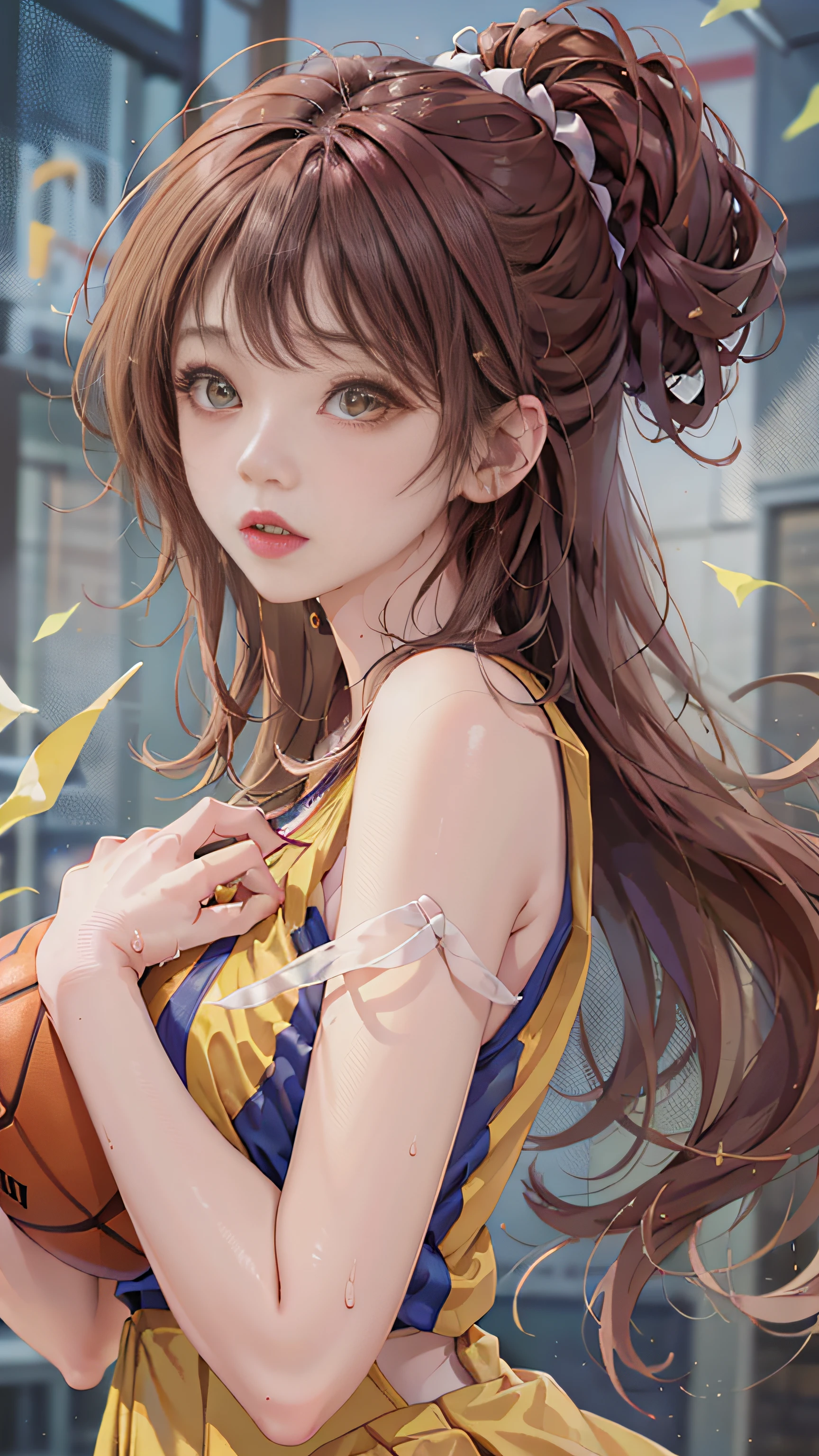 Super beautiful glowing eyes、masterpiece:1.2、top-quality)、realisitic、(Real Image、Rich detail details、depth of fields)、(1girl in、独奏)、make - up、Cleft lips、High Details、Perfect face shape、(Skindentation)、big breasts thin waist、A tall、The corals、red-lips、red eyes、poneyTail、((((basketball girl、Transparent yellow basketball suit))))、(perspiring:1.2)、(wet)、A sexy、red blush、perspiring