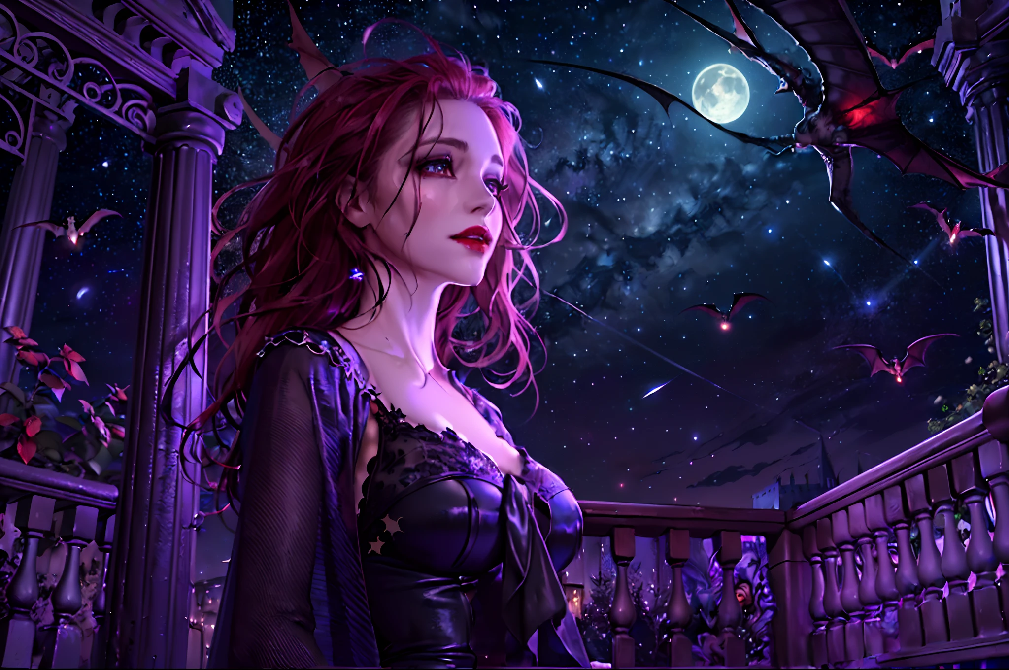 a picture of an exquisite beautiful female vampire standing under the starry night sky on the porch of her castle, dynamic angle (ultra detailed, Masterpiece, best quality), ultra detailed face (ultra detailed, Masterpiece, best quality), ultra feminine, grey skin, red hair, wavy hair, dynamic eyes color, cold eyes, glowing eyes, intense eyes, smirking, smile with [[drops of blood on face]], dark red lips, [fangs], wearing white dress (ultra detailed, Masterpiece, best quality), blue cloak (ultra detailed, Masterpiece, best quality), long cloak, flowing cloak (ultra detailed, Masterpiece, best quality), high heeled boots [[in starry night sky]], sky full of stars background, moon, bats flying about, high details, best quality, 8k, [ultra detailed], masterpiece, best quality, (ultra detailed), full body, ultra wide shot, photorealism, dark fantasy art, dark fantasy art, gothic art, many stars, gothic art, sense of dread,