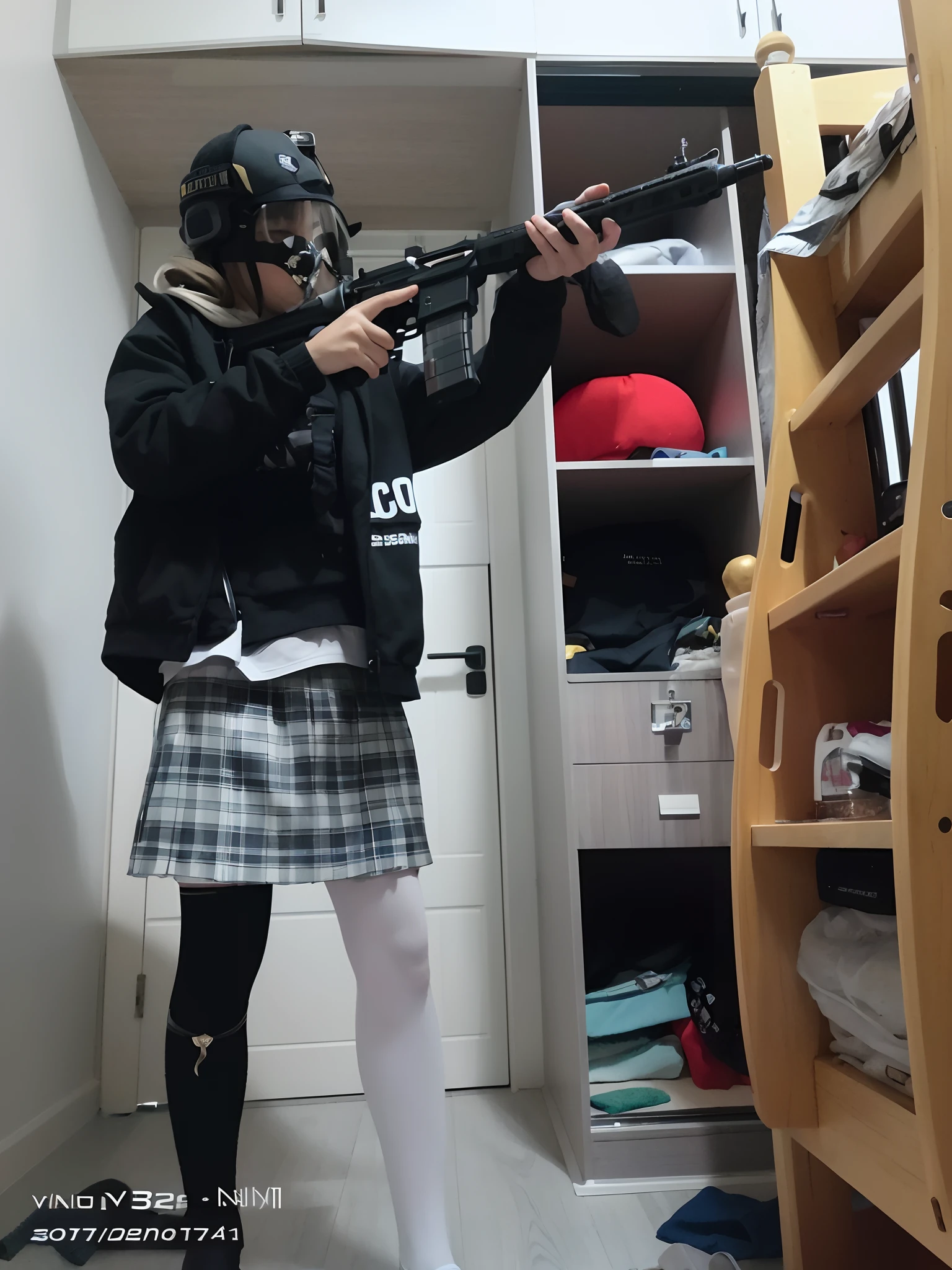 There was a beautiful girl in a kilt with a rifle in the room, Wear tech clothing, wearing a kilt, wearing skirt and high socks, with rifle, , full body wide shot, Full body picture, full body shot of, full bodyesbian! preparing to fight, JK school uniform, indoor shooting, full body with costume,Cover your face,mouth mask