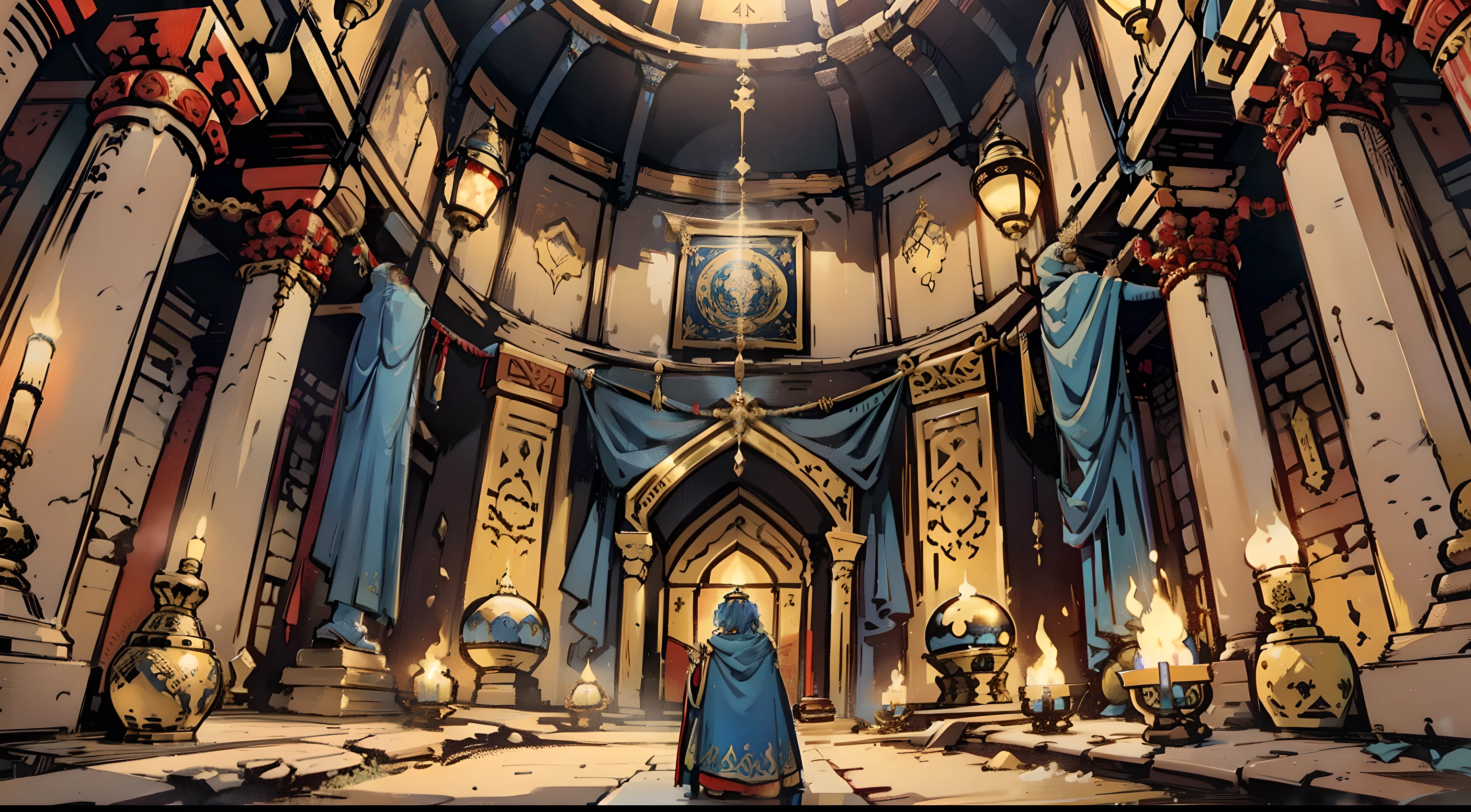 Behind view, Persian king with crown and long Blue cloak pray in the fire temple, insideand middle the temple is very big round fireplace,