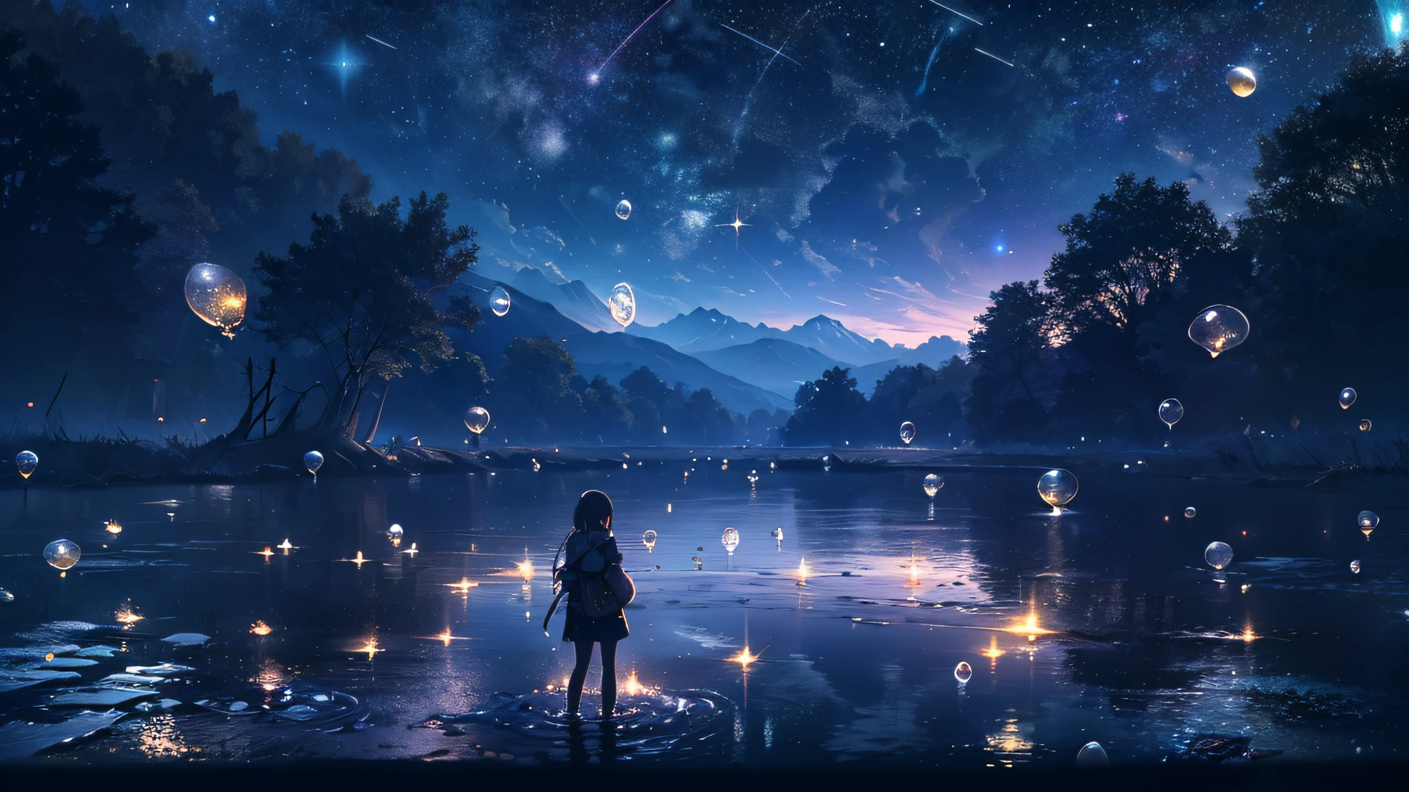Pictures of starry skies, Under the Starry Sea, (Best quality), (masterpiece), (photorealistic), (realistic), ultra-detailed, unity 8k wallpaper, extremely detailed CG, ray tracking, sharp shadows, wonderful details, depth of field, Ultra detailed background, Fantastic Magical World, (background oriented, Horizon, reflection), (starry sky twinkling in the fullness of the sky, Lots of water bubbles floating around):1.4, quiet night, midnight, wide shot, back shot, from below, perfect lighting, panoramic view, dynamic shot, nature spreading out, no civilization in sight, no buildings, girls:0.2,