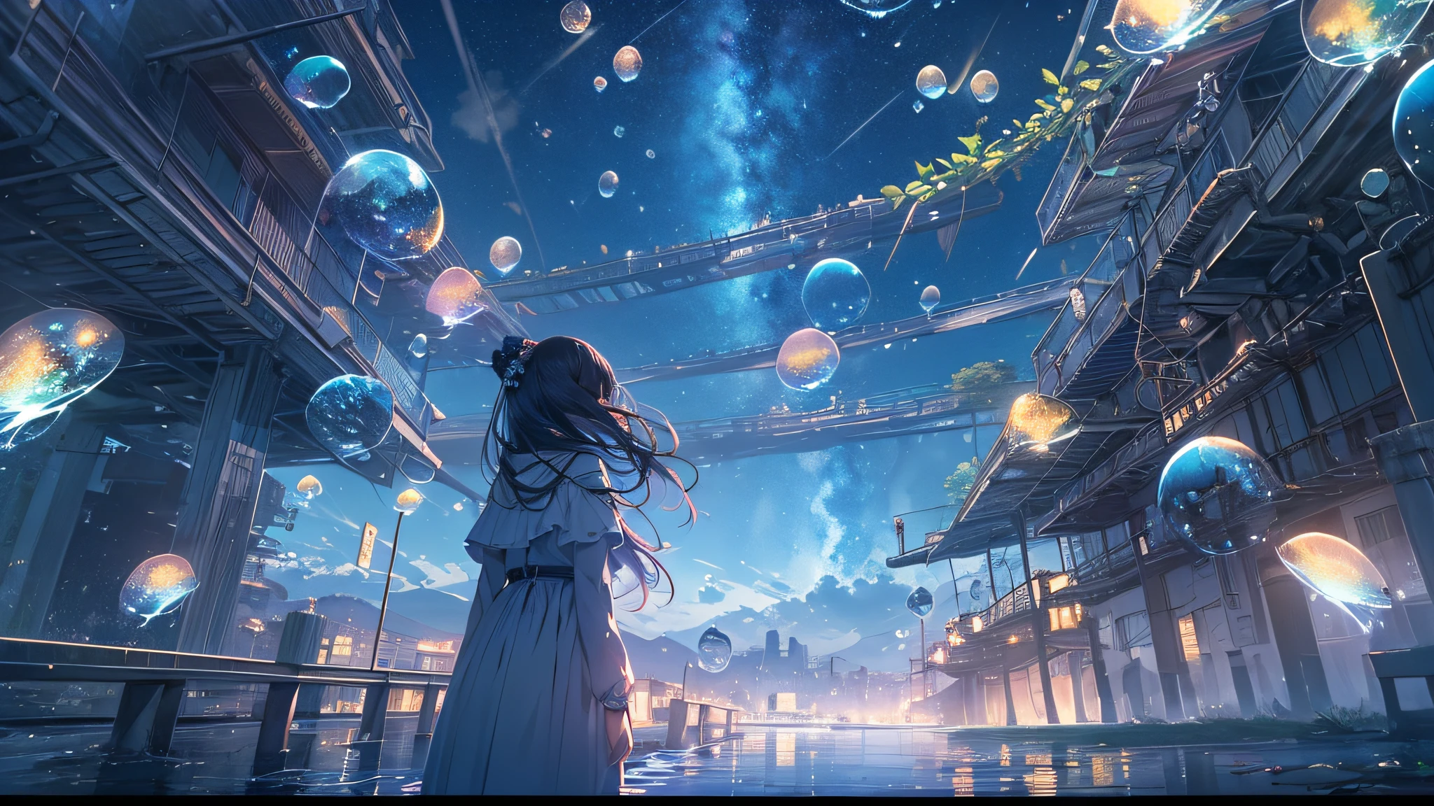 Pictures of starry skies, Under the Starry Sea, (Best quality), (masterpiece), (photorealistic), (realistic), ultra-detailed, unity 8k wallpaper, extremely detailed CG, ray tracking, sharp shadows, wonderful details, depth of field, Ultra detailed background, Fantastic Magical World, (background oriented, Horizon, reflection), (starry sky twinkling in the fullness of the sky, Lots of water bubbles floating around):1.4, quiet night, midnight, wide shot, back shot, from below, perfect lighting, panoramic view, dynamic shot, nature spreading out, no civilization in sight, no buildings, girls:0.2,