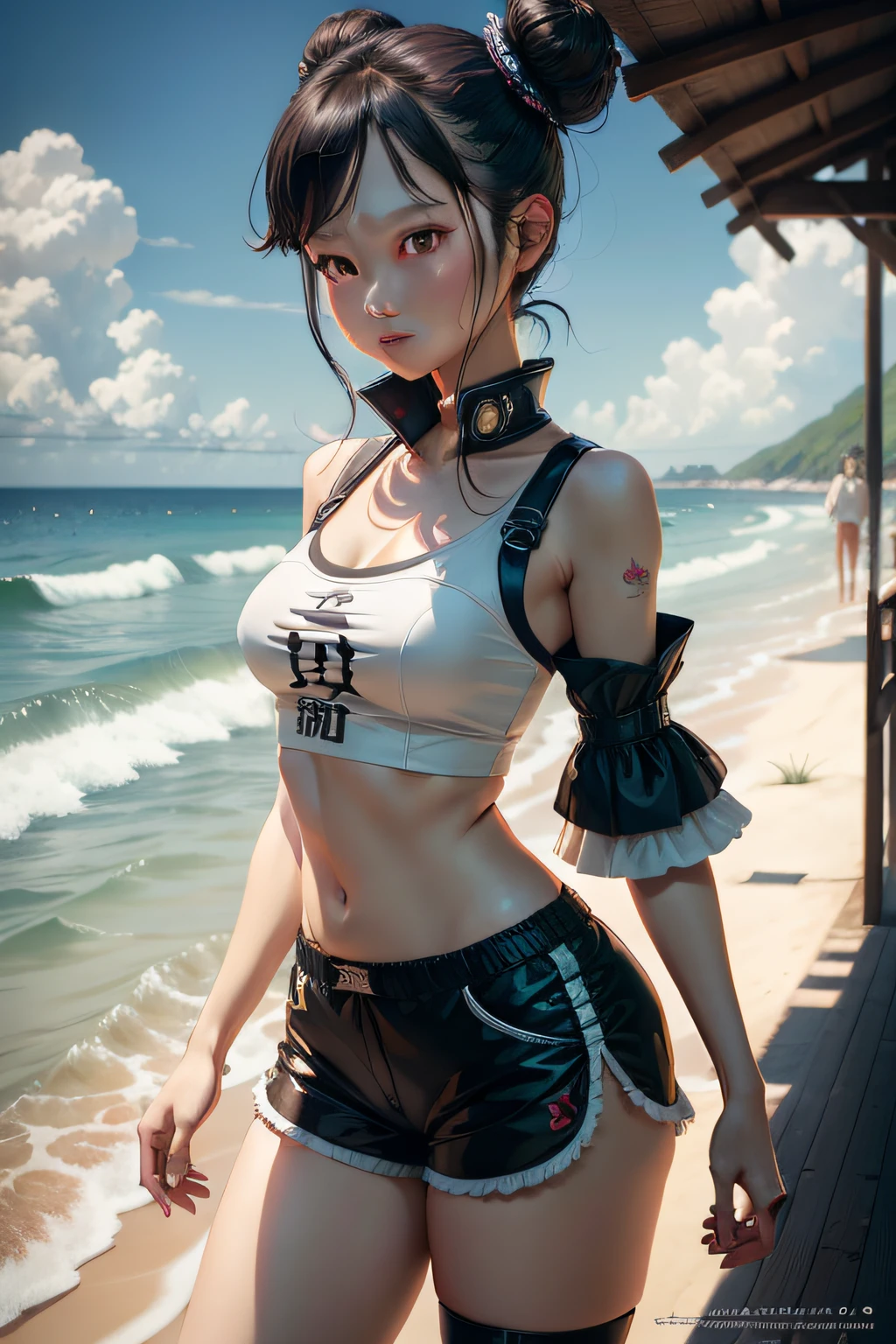 tmasterpiece，best illustration，独奏，1girll，Sexy standing pose，hair-bun，White tulle，Shorts and shorts，Beach by the sea，double bun hair，cyber punk perssonage，（（Complicated details\）\），Color details，Rainbow rest，\（\（Masterpiece of best quality\）\），4K，Hyper-detailing，Detailed lighting，\（\（inspired by Miyazaki），offcial art，Propaganda art，composition，