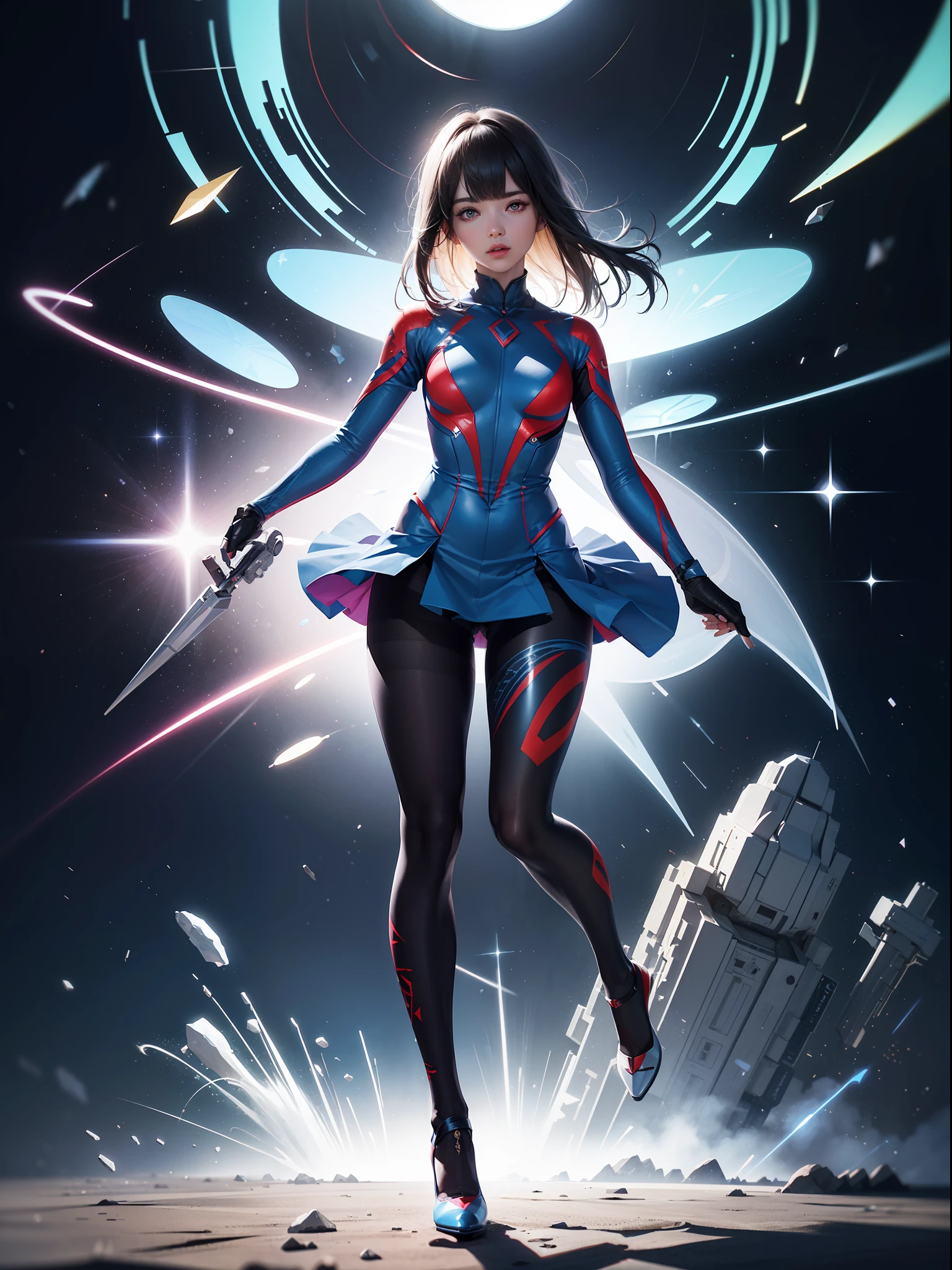 (full body:1.5),(1girl:1.3),(view the viewer:1.4),(anatomy correct:1.45),(Wear printed fantasy Ultraman tight point-toe heels ,and very thick printed pantyhose :1.35), (Light particle effect:1.3),(In pink | amarelo | blue colors| green color |red colour | white colors| black in color| purpleish color| greys| Beige| Flesh color 1.4),(Glowing eyes:1.3),(Large amplitude action: 1.3),(Accurate and perfect face:1.4),hyper HD, Ray traching, reflective light,structurally correct, Award-Awarded, high detal, lightand shade contrast, Face lighting,cinmatic lighting, tmasterpiece, super detailing, high high quality, high detal, best qualityer, 16k,High contrast,