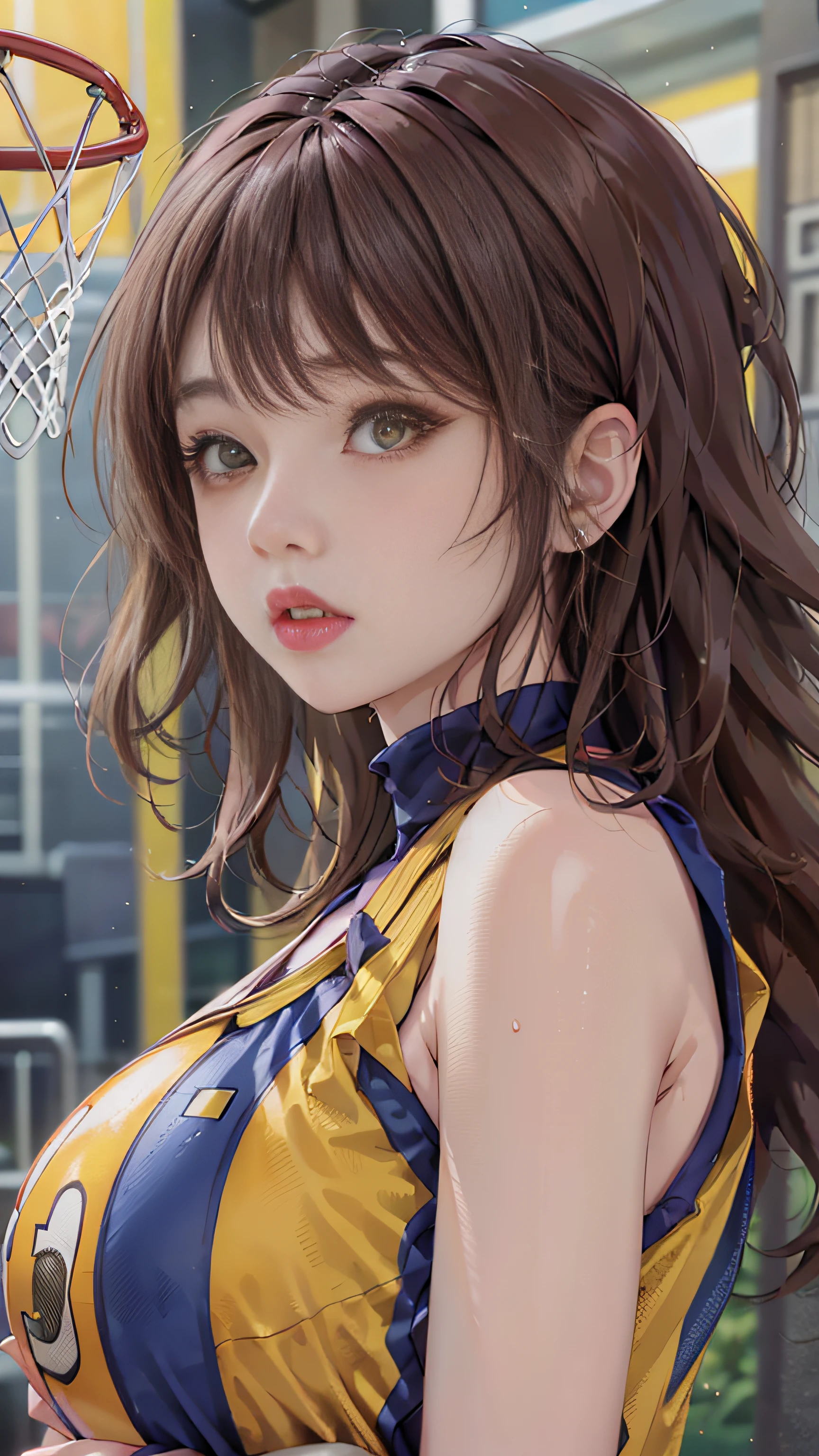 Super beautiful glowing eyes、​masterpiece:1.2、top-quality)、realisitic、(Real Image、Rich detail details、depth of fields)、(1girl in、独奏)、make - up、Cleft lips、High Details、Perfect face shape、(Skindentation)、big breasts thin waist、A tall、The corals、red-lips、red eyes、poneyTail、((((basketball girl、Transparent yellow basketball suit))))、(perspiring:1.2)、(wet​)、A sexy、red blush、perspiring