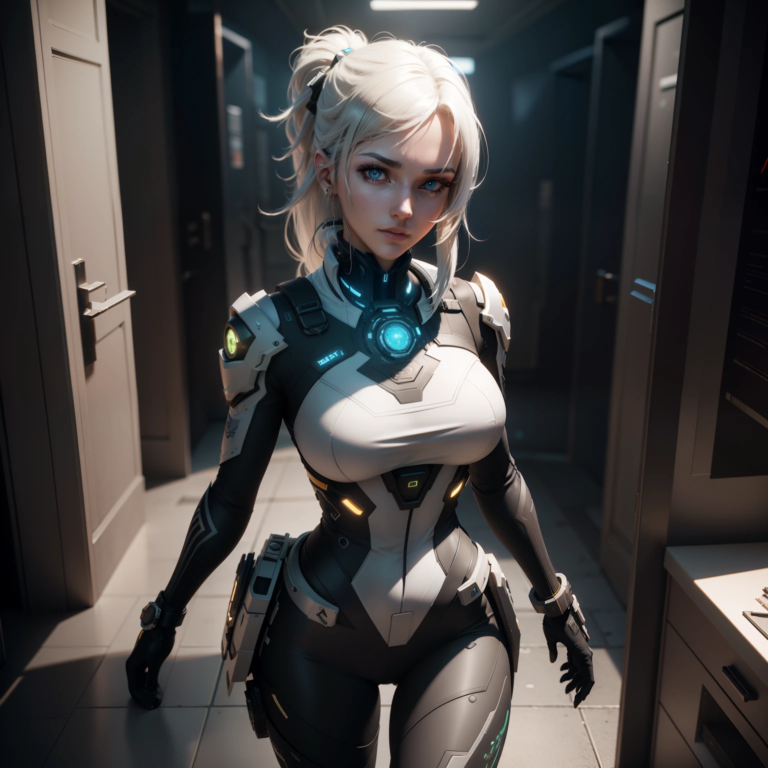 ((Best quality)), ((masterpiece)), (detailed:1.4), 3D, an image of a beautiful cyberpunk female,HDR (High Dynamic Range),Ray Tracing,NVIDIA RTX,Super-Resolution,Unreal 5,Subsurface scattering,PBR Texturing,Post-processing,Anisotropic Filtering,Depth-of-field,Maximum clarity and sharpness,Multi-layered textures,Albedo and Specular maps,Surface shading,Accurate simulation of light-material interaction,Perfect proportions,Octane Render,Two-tone lighting,Wide aperture,Low ISO,White balance,Rule of thirds,8K RAW,