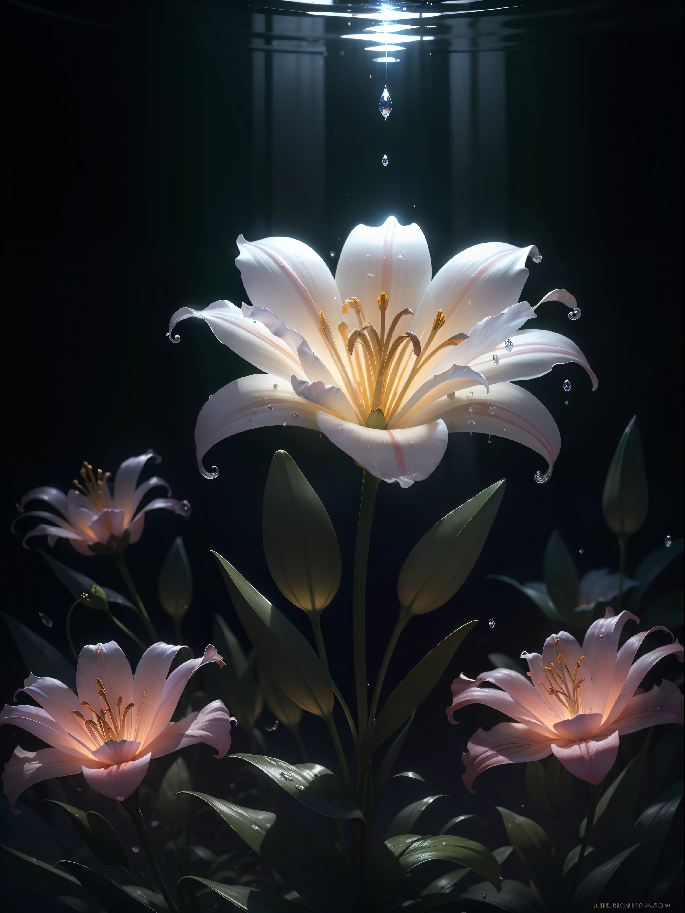 ((lily flowers)),  super transparent,  Holy Light,  beautiful spectral light, petals glow, flashes, Dark background, drops of transparent light, reflective light, Bright, light streaming in, optics, Sharp Focus, Magical, Convoluted, A hyper-realistic, Fantasy composition, light, Trending in art stations, pearls, patronus cloud of silvery vapor, corrosive enveloping ray family, 8K, ureal ar 23v4 uplight