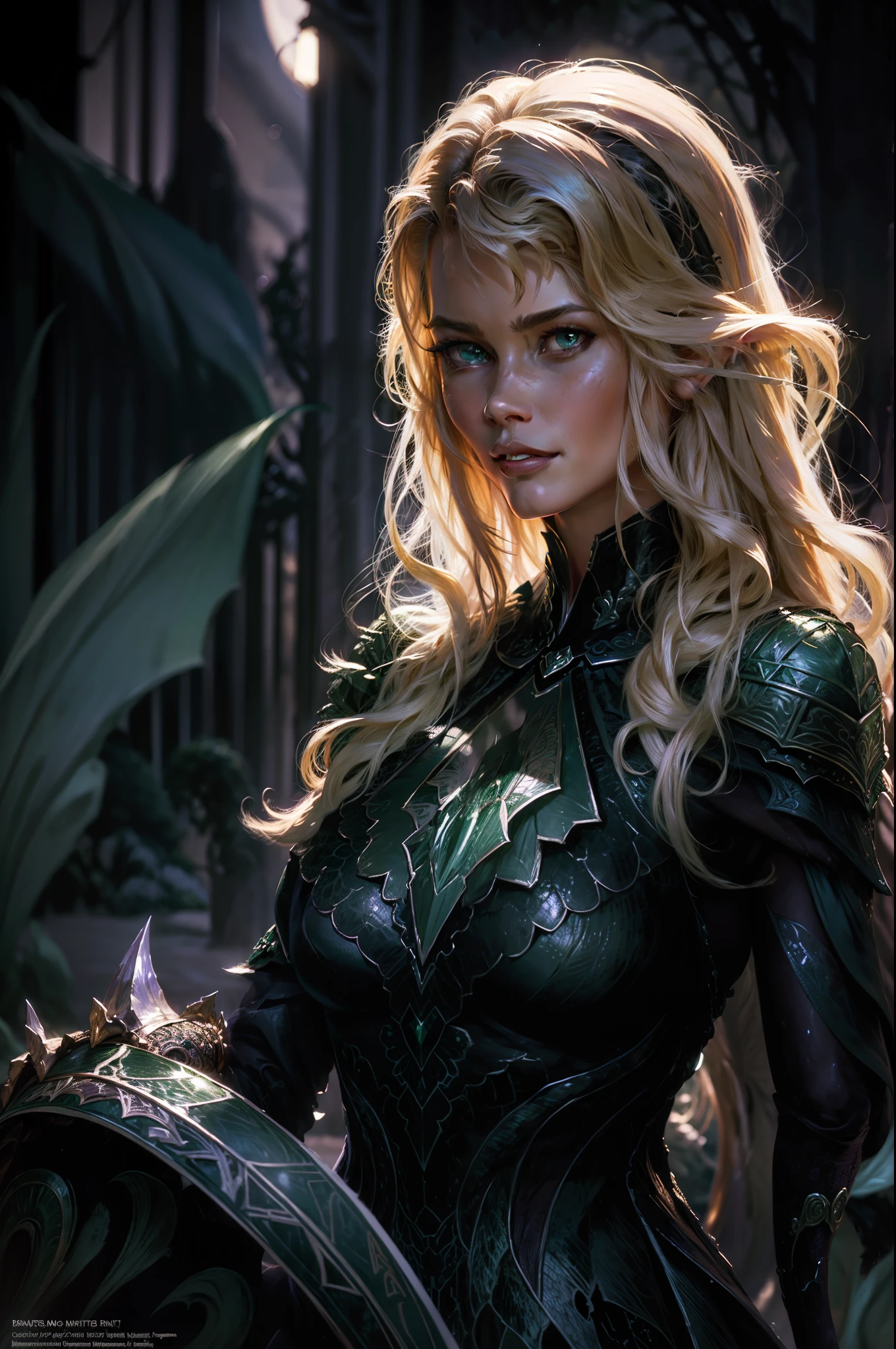 dream Fantasy emerald knight, moonlit, HD, illustration, epic, D&D, fantasy, intricate, elegant, highly detailed, digital painting, artstation, concept art, smooth, sharp focus, illustration, art by artgerm and greg rutkowski and alphonse mucha, monster hunter illustrations art book