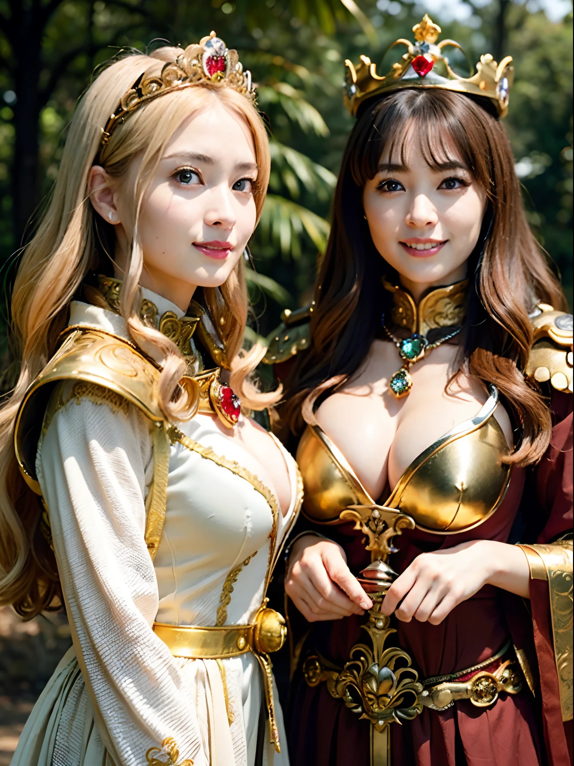 (masutepiece), Professional , masterpiece、top-quality、photos realistic , depth of fields (Gemstone Silver Metal Body:1.9),(Matte Red、Jewel Gold Weapon(Jewel Metal Body:1.4),(Gorgeous metal weapons) , Detailed Sword of the Brave , Beautiful knife ,warhammer 40k , adepta sororitas,(a blond),Detail and ornate jewel crown、Golden hair、Gangle's forest background、Beautiful Caucasian beauty、1a person、dynamic ungle,(((Detailed and ornate diamond crown)))、Smaller head、A smile、Powerful poses、Background inside the castle、Thin and beautiful female hands、Old ancient ruins、A smile、cleavage of the breast、