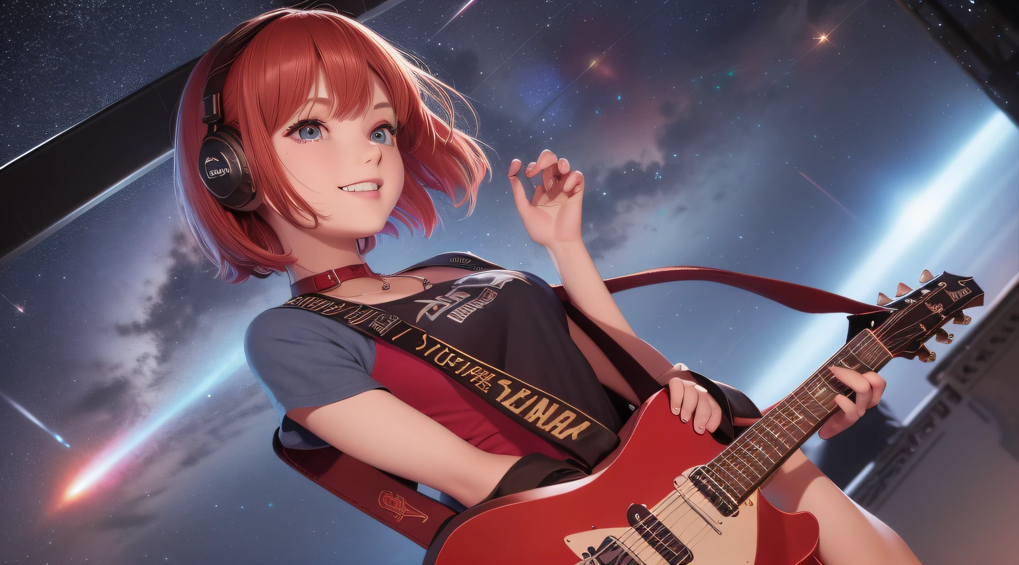 Julia, Short hair, Blue eyes, Red hair, 1girll, Smile, ((Solo)), Open mouth and smile, Listen to music with headphones，Star, Brown hair, dress, Blush, jewelry, hair adornments, instrument, guitar, :D, Skirt, necklace, (Graphic T-shirt with denim or leather jacket),(zoomout:1.5), (meteor shower:1.2), (comets:1.1), Your name, Low angle, (Red guitar strap:1.5), Holding a guitar with a guitar strap with highly detailed eyes, pupils, Masterpiece, Best quality, hyper HD, high resolution, (Girl playing guitar in the distance), (meteors), Starcloud, Star, Night, (High contrast),RGB hue，Youtube cover，wallpaper hd。