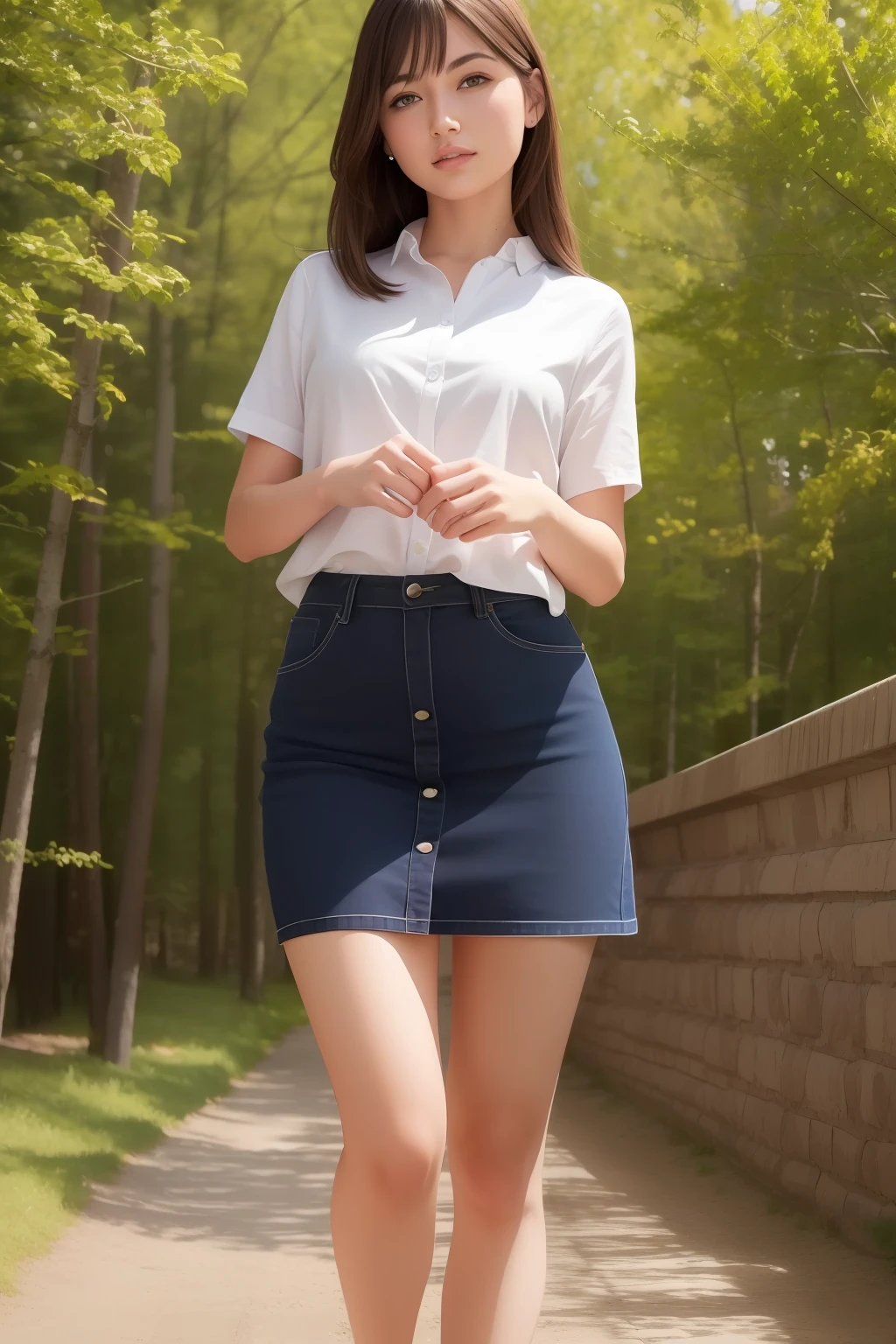 A woman in a white shirt and blue skirt walking down a path - SeaArt AI