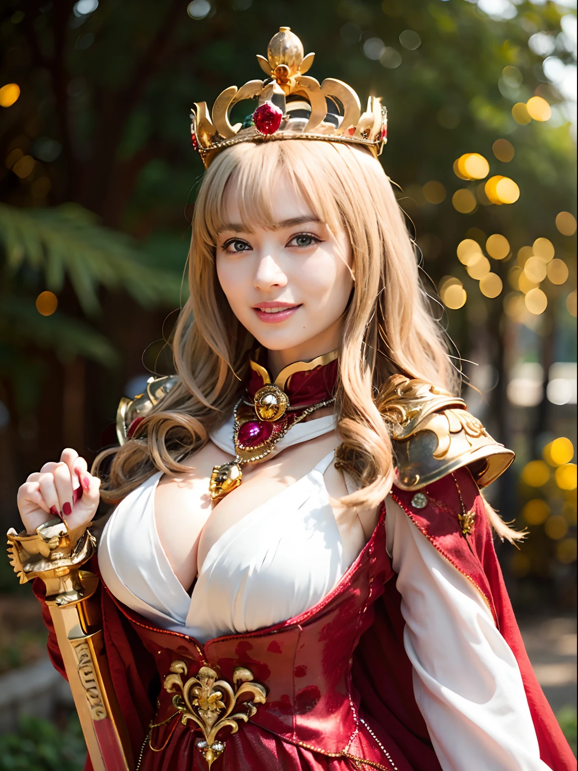 (masutepiece), Professional , masterpiece、top-quality、photos realistic , depth of fields (Gemstone Silver Metal Body:1.9),(Matte Red、Jewel Gold Weapon(Jewel Metal Body:1.4),(Gorgeous metal weapons) , Detailed Sword of the Brave , Beautiful knife ,warhammer 40k , adepta sororitas,(a blond),Detail and ornate jewel crown、Golden hair、Gangle's forest background、Beautiful Caucasian beauty、1a person、dynamic ungle,(((Detailed and ornate diamond crown)))、Smaller head、A smile、Powerful poses、Background inside the castle、Thin and beautiful female hands、Old ancient ruins、A smile、cleavage of the breast、