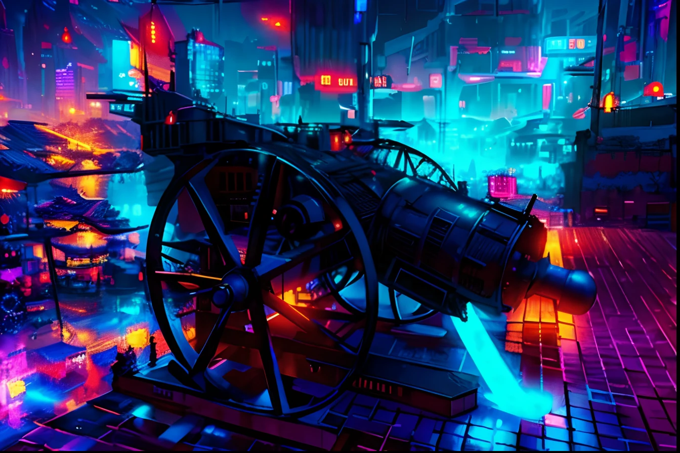 cannon, town square, Futuristic construction, Neon light, Cyberpunk, Cyberpunk buildings in the background, fundo desfocado, UHD, detalhada