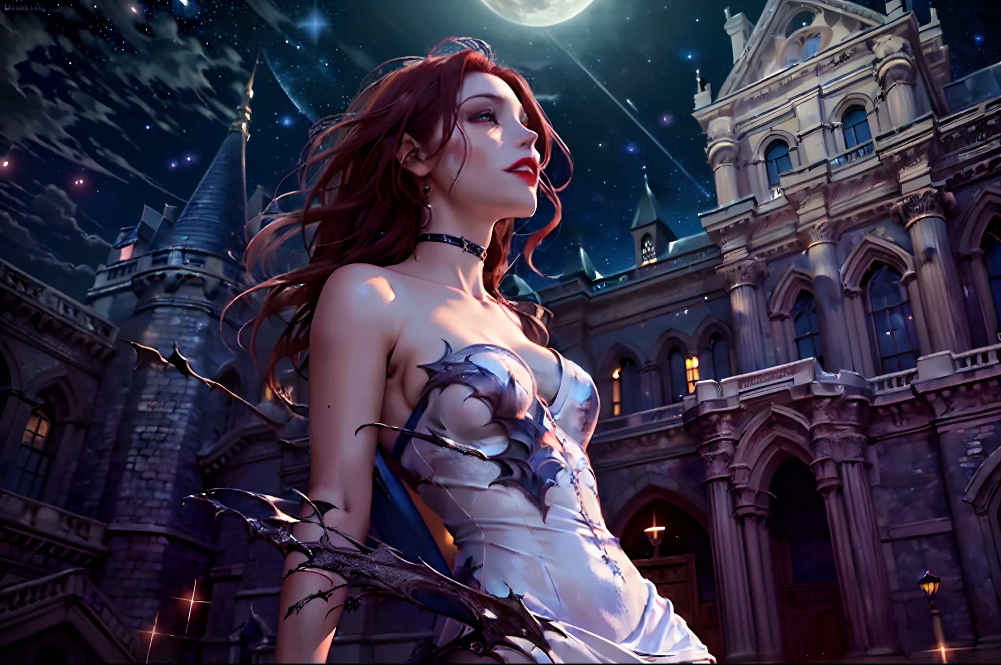 a picture of an exquisite beautiful female vampire standing under the starry night sky on the porch of her castle, dynamic angle (ultra detailed, Masterpiece, best quality), ultra detailed face (ultra detailed, Masterpiece, best quality), ultra feminine, grey skin, red hair, wavy hair, dynamic eyes color, cold eyes, glowing eyes, smirking, smile with [[drops of blood on face]], dark red lips, [fangs], wearing white dress (ultra detailed, Masterpiece, best quality), blue cloak (ultra detailed, Masterpiece, best quality), long cloak, flowing cloak (ultra detailed, Masterpiece, best quality), high heeled boots [[in starry night sky]], sky full of stars background, moon, bats flying about, high details, best quality, 8k, [ultra detailed], masterpiece, best quality, (ultra detailed), full body, ultra wide shot, photorealism, dark fantasy art, dark fantasy art, gothic art, many stars, gothic art, sense of dread,