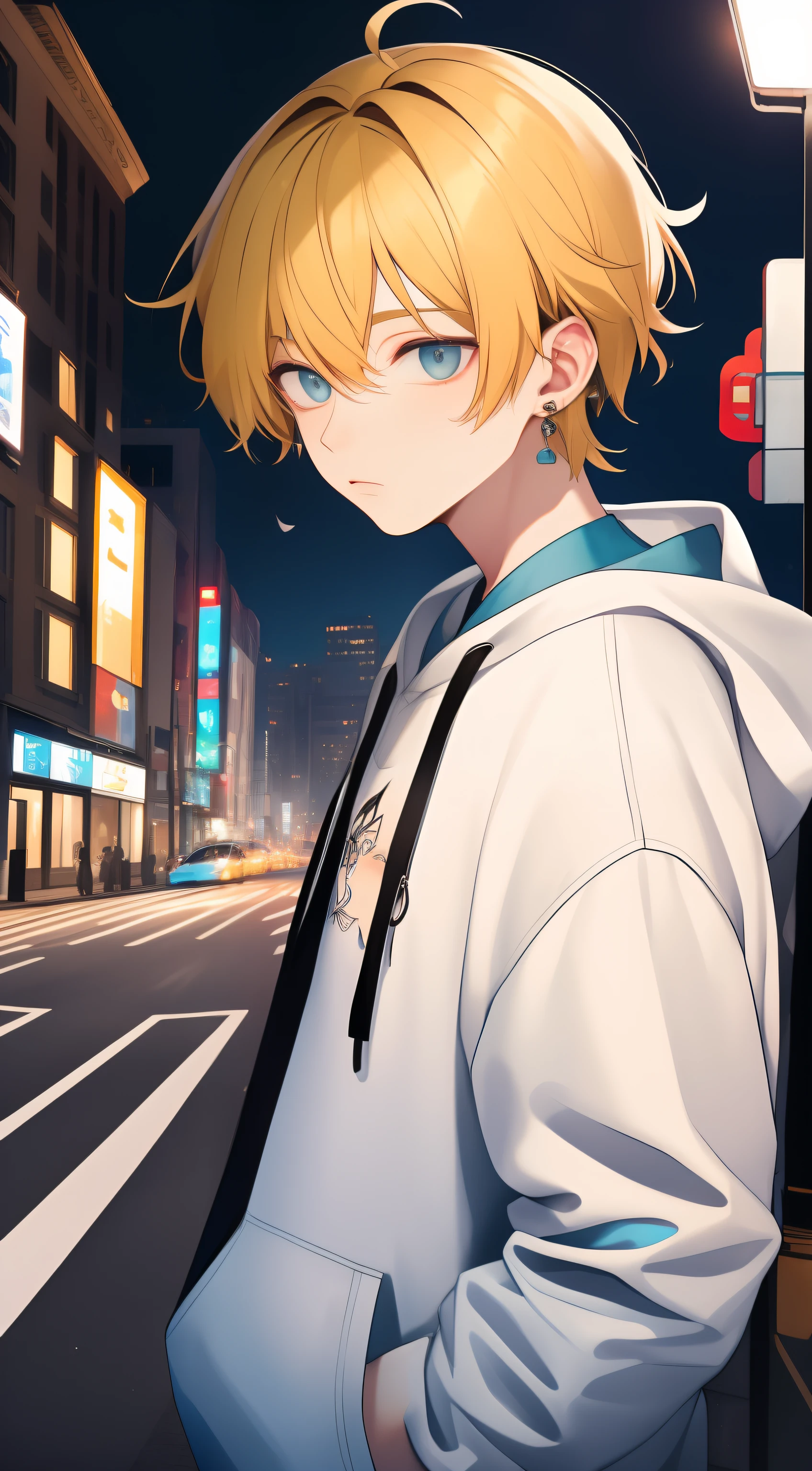 masterpiece、top-quality、8k、Boy Solo、yellow hair、bright hair、a blond、(Big blue earrings)、Troubled face、Straight face、Dignified gaze、a cool、so short hair、Detailed eyes、Dark eyes、Blue eyes、City at night、White hoodie、intersection、looking-down、