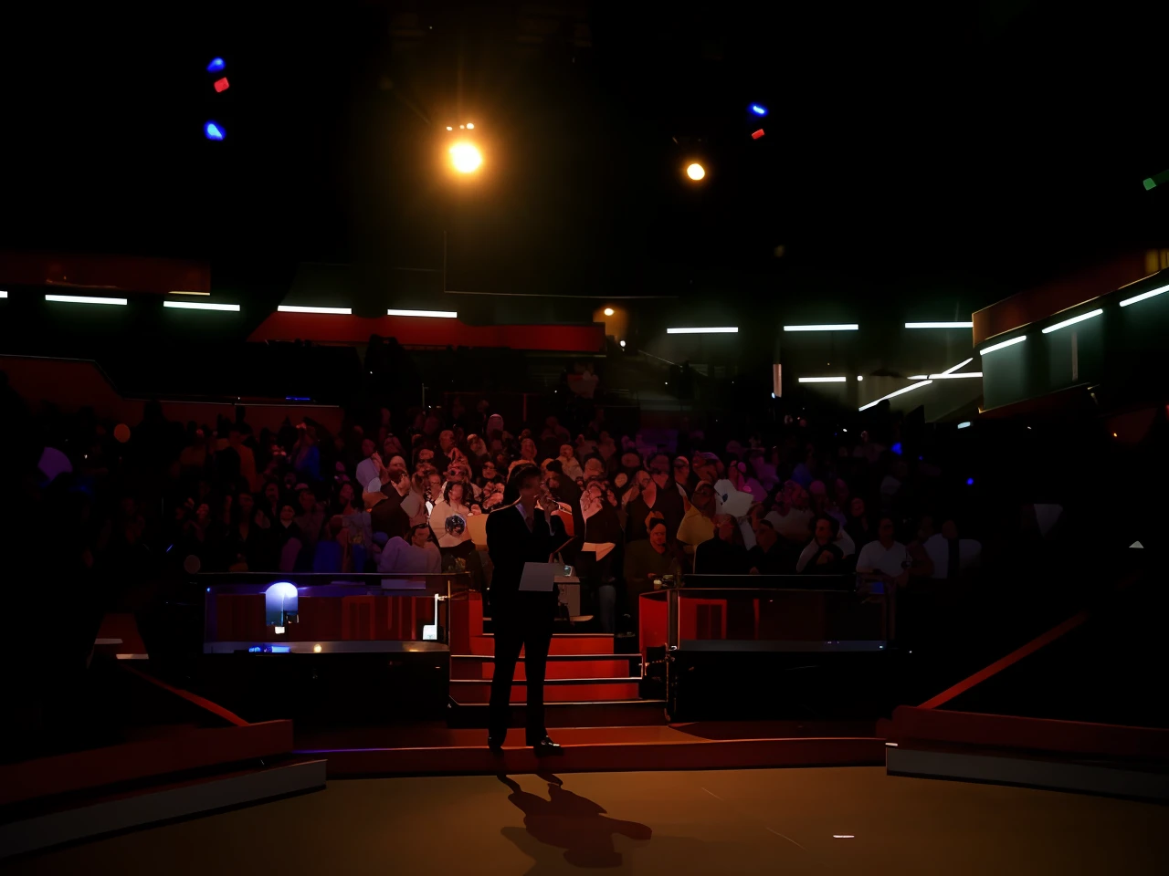 Arafed viewers watching a man, standing on stage in front of a crowd, Audience in the background, face facing audience, on the stage, in front of a large crowd, on the stage, on the stage, Game show, A large crowd, audience, Below is the crowd, TV studio, television show, looking up at the camera
