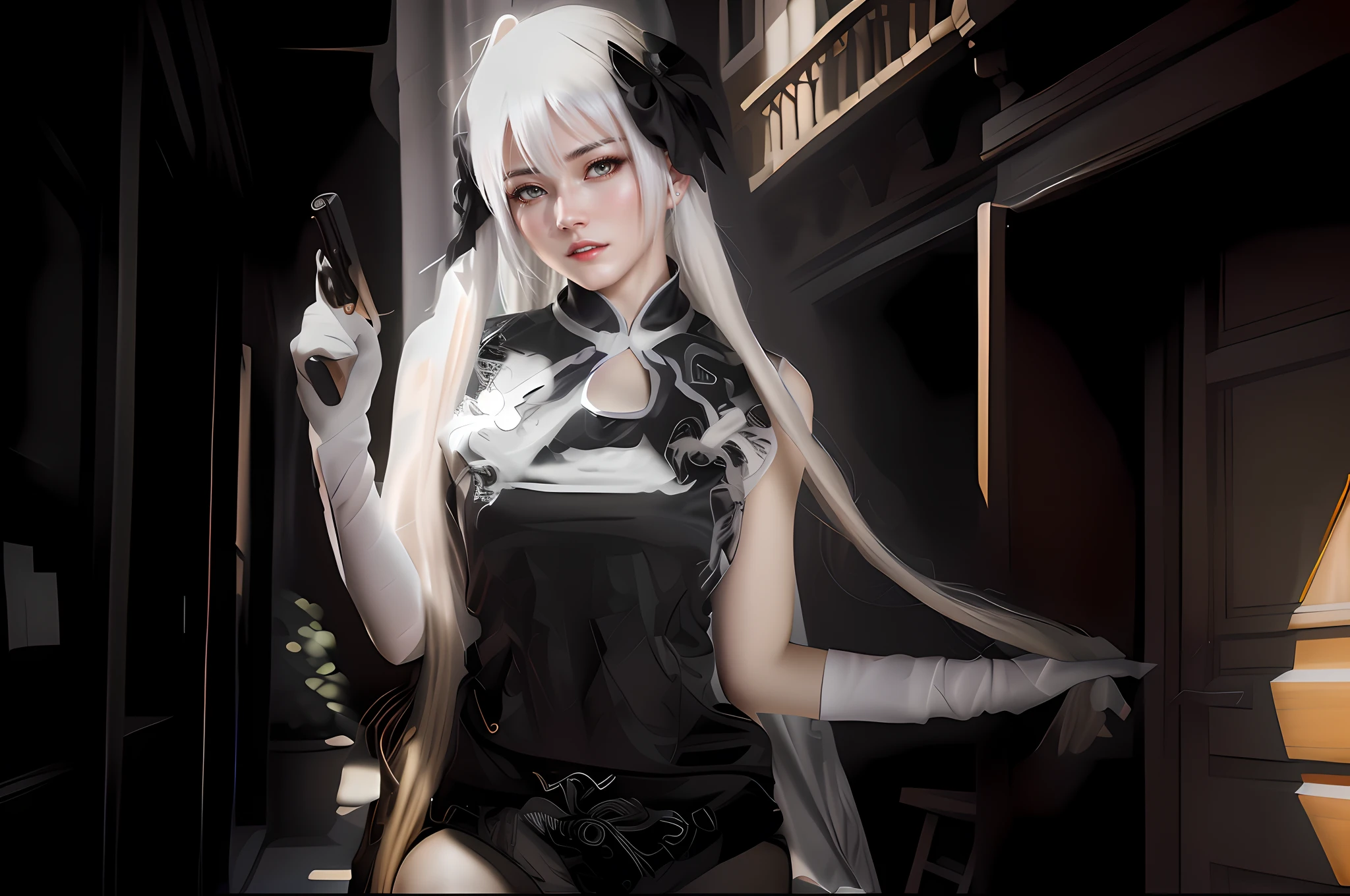 There was a woman wearing a corset and a hat with a gun, Tifa Lockhart with white hair, Guviz-style artwork, Girl with white hair, inspired by Leng Mei, white-haired god, White-haired, rococo cyberpunk, cyborg - girl with silver hair, white haired Cangcang, Guviz, Digital art on Pixiv，photorealestic，verism style，Light，
