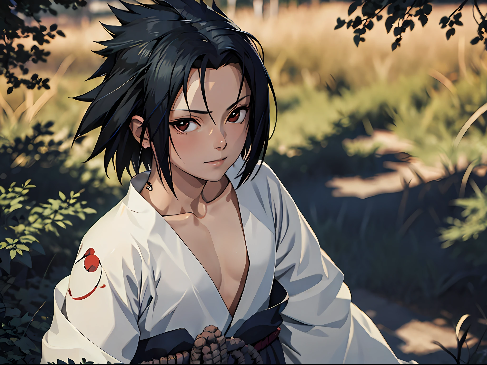 tmasterpiece， Best quality at best， 1girll，sasuke， little breast，（upperbody closeup)，is shy，ssmile，Black hair，Japanese Katana Sword