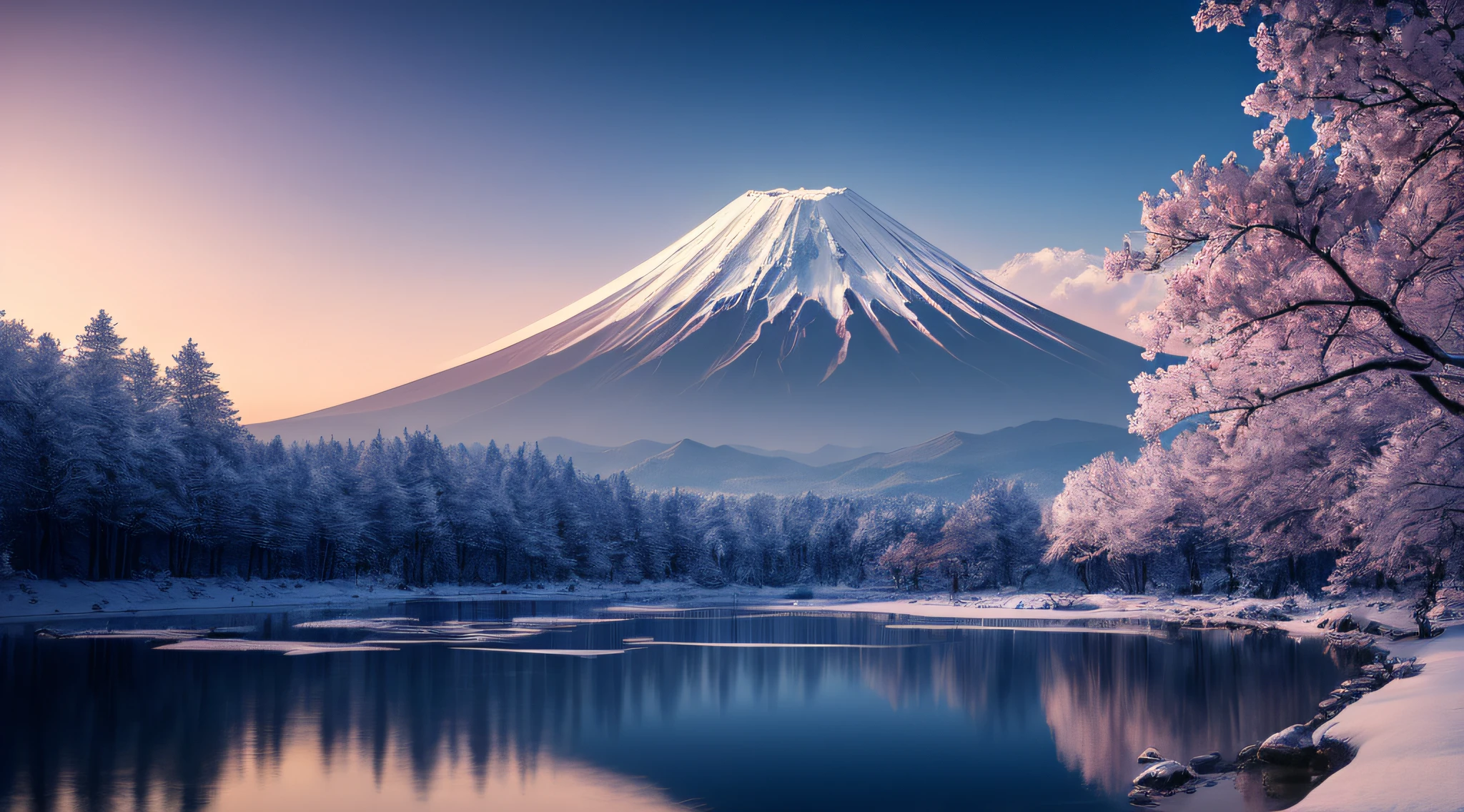 Masterpiece, Best quality, High quality, Extremely detailed Cg Unity 8K wallpaper,Mt fuji,Snow,winter,Outdoors, sky, day, landscape, water, tree, Blue sky, waterfallr, Nature, Lake, River, Cloudy sky,award winning photography, Bokeh, Depth of field, hdr, full bloom, color difference ,Photorealistic,Extremely detailed, trending on artstationh, trending on CGSociety, Intricate, High detail, Dramatic, art by midjourney