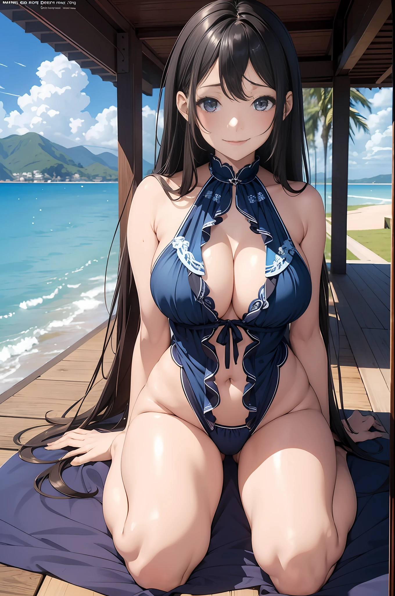 (Enrich the picture,Masterpiece level quality)Beautiful 8K CG artwork,Goddess-like posture,sittinng on the river,Postural exercises,Slim and soft,Translucent skin,Black hair、The beauty of extra-long hair, Super Long Straight Hair,The skin is fair and juicy,Big breasts underwear uniform,Perspective Part 1.2x enhanced silhouette effect,Exquisite transparent blues pattern in pajamas,The details are intricate and exquisite,The background is slightly blurred,Charming and lustful leg seduction,Drool,J-cup big breasts are oversized,Blush,Japan goddess,Perfect body slim curves,Scene by the sea,