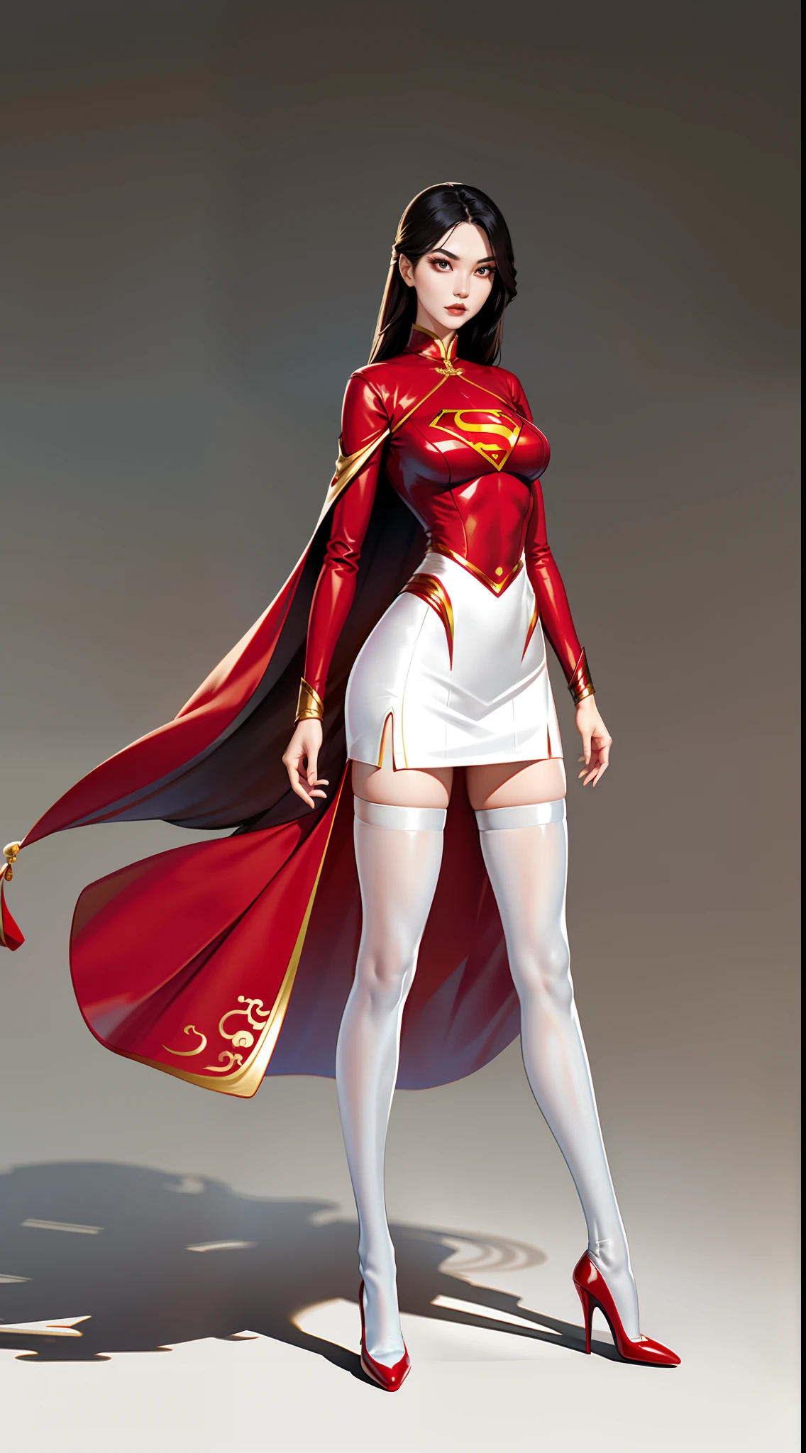 tmasterpiece,(Full body like:1.1),slender woman,Beautiful and charming Chinese woman face,Superman uniform,white stockings,High-heeled leather shoes, 1female,Thin waist,long leges,nakeness,Raised sexy,Bigchest,Bare breasts,Bare lower body,