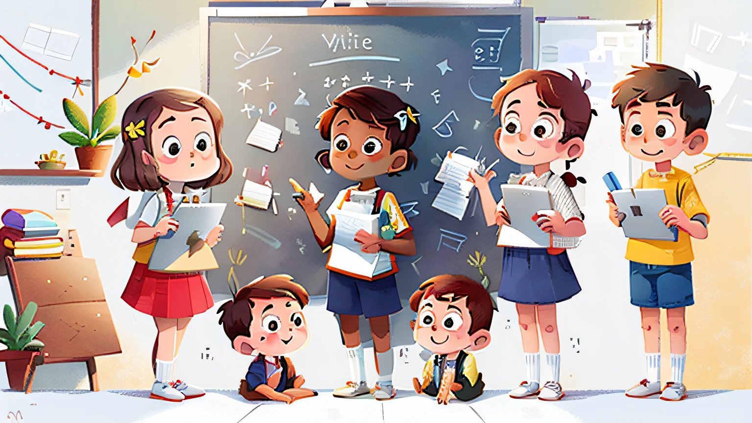 Teacher and students standing side by side (((And all of them are holding a white horizontal rectangular board together)))
white background.