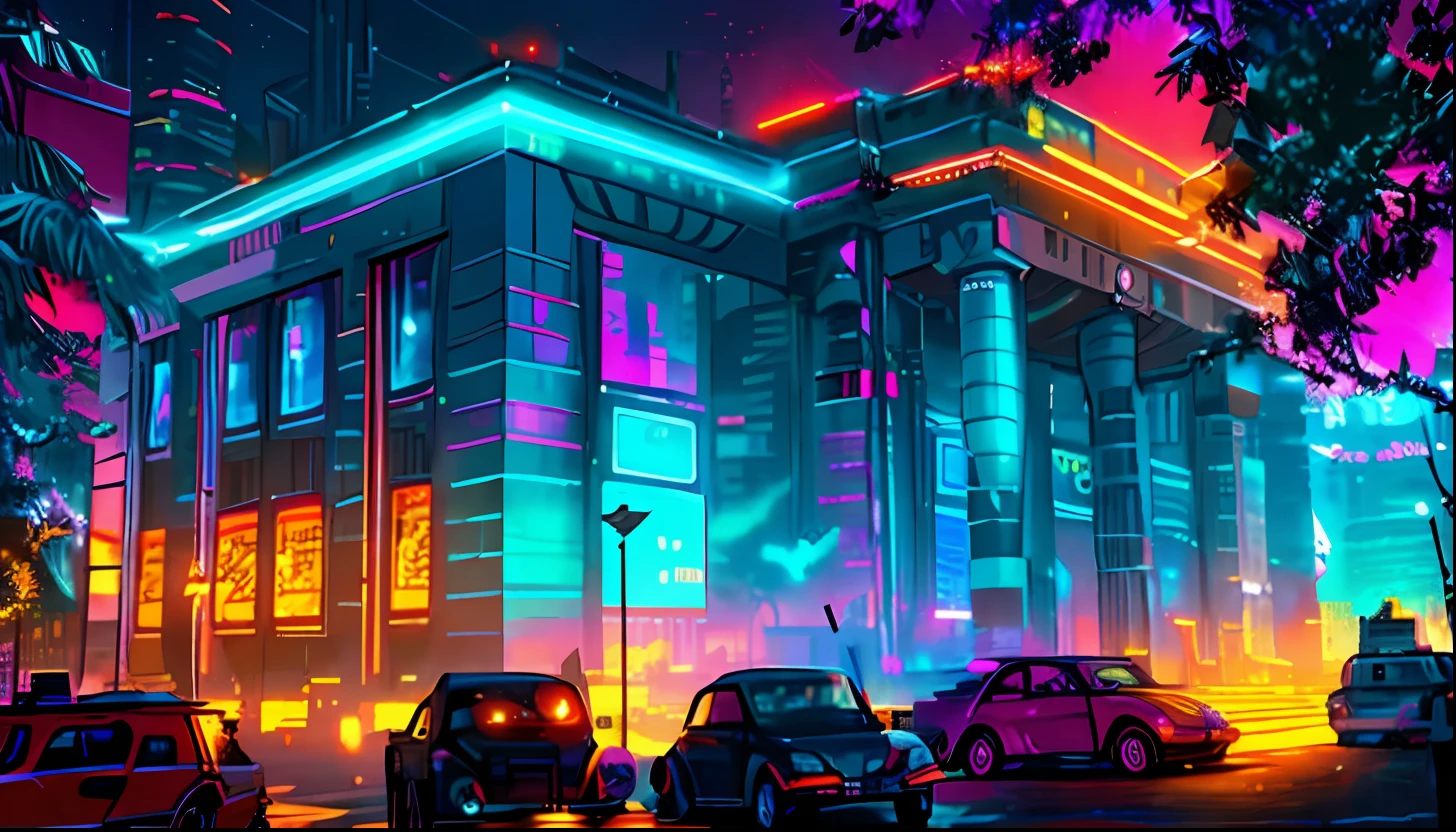 Forum, town square, Futuristic construction, Neon light, Cyberpunk, Cyberpunk buildings in the background, fundo desfocado, UHD, detalhada