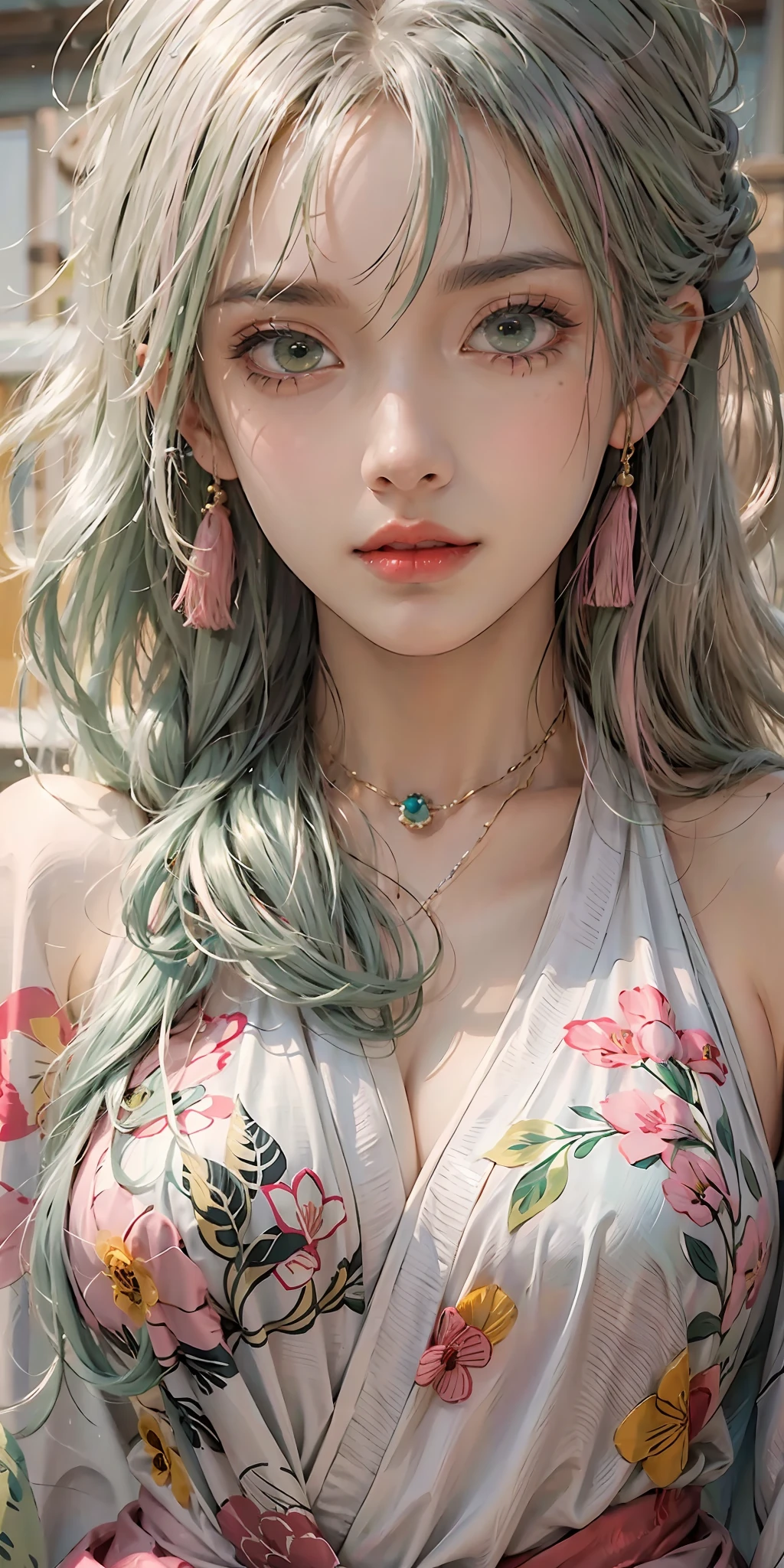 photorealistic, high resolution, soft light,1women, solo, hips up, (detailed face), nami \(one piece\), tattoo, jewelry,Pink and green hair, Colored eyes, kimono, MitsuriDS, muscle