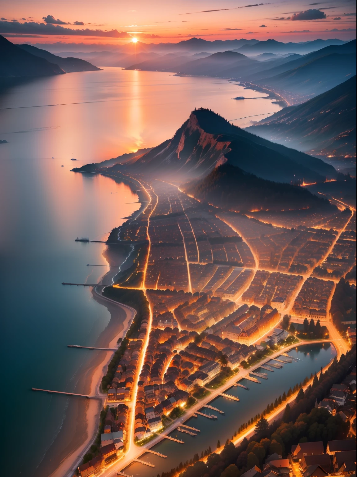 Beautiful sunset photography，Swiss town in the evening，Burning clouds，Orange sunset，Reflection of the sea surface，Clear sea，Stunning vision，Shocking real，HD ultra-wide angle，Panoramic Ultra HD，8k，realisticlying，A high resolution，Author of landscape photography：Marc AdamusHD