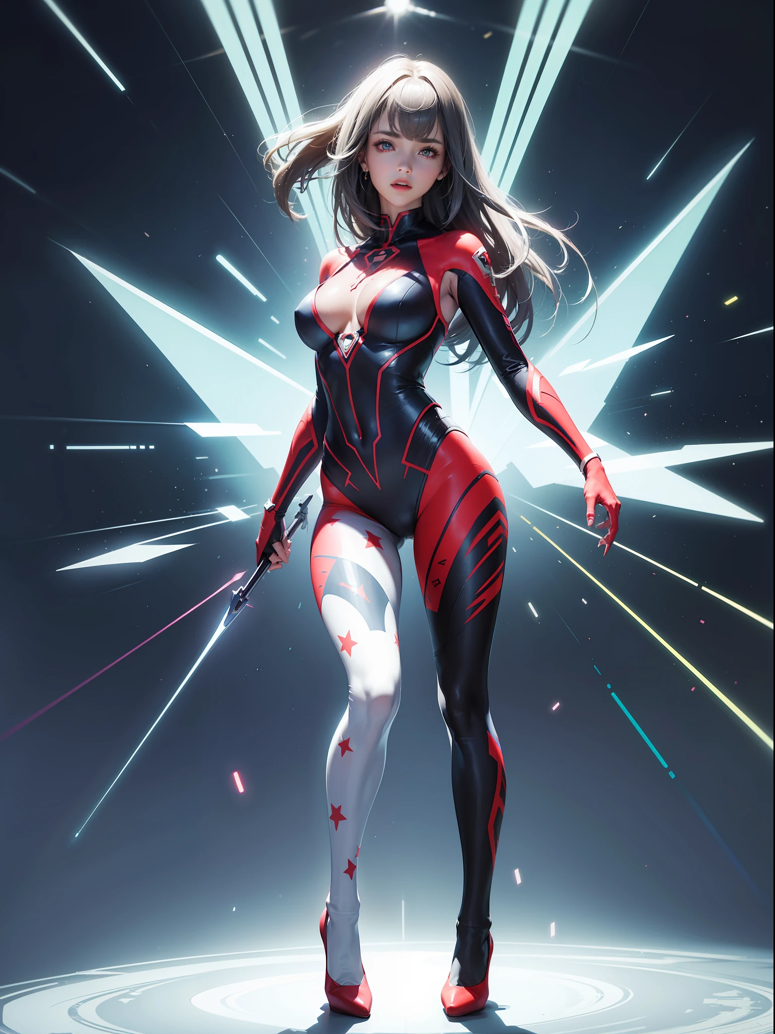 (full body:1.5)，(1girl:1.3),(view the viewer:1.4)，(??????? correct:1.45),(Wear printed fantasy Ultraman tight point-toe heels ，and very thick printed pantyhose :1.35), (Light particle effect:1.3),(In pink | amarelo | blue colors| green color |red colour | white colors| black in color| purpleish color| greys| Beige| Flesh color 1.4)，(Glowing eyes:1.3),(Large amplitude action: 1.3)，(Accurate and perfect face:1.4),hyper HD, Ray traching, reflective light，structurally correct, Award-Awarded, high detal, lightand shade contrast, Face lighting，cinmatic lighting, tmasterpiece, super detailing, high high quality, high detal, best qualityer, 16k，High contrast,