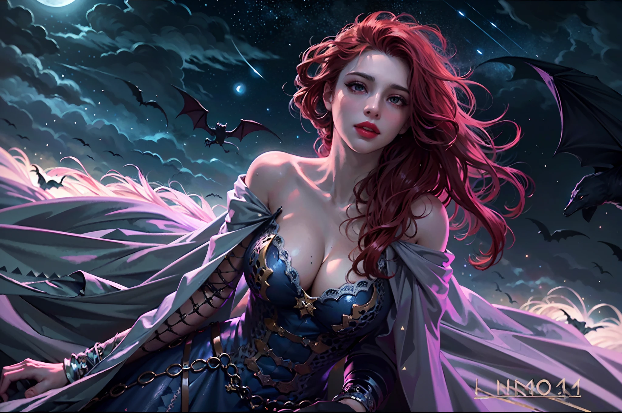 a picture of an exquisite beautiful female vampire standing under the starry night sky on the porch of her castle, dynamic angle (ultra detailed, Masterpiece, best quality), ultra detailed face (ultra detailed, Masterpiece, best quality), ultra feminine, grey skin, red hair, wavy hair, dynamic eyes color, cold eyes, glowing eyes, intense eyes, smirking, smile with [[drops of blood on face]], dark red lips, [fangs], wearing white dress (ultra detailed, Masterpiece, best quality), blue cloak (ultra detailed, Masterpiece, best quality), long cloak, flowing cloak (ultra detailed, Masterpiece, best quality), high heeled boots [[in starry night sky]], sky full of stars background, moon, bats flying about, high details, best quality, 8k, [ultra detailed], masterpiece, best quality, (ultra detailed), full body, ultra wide shot, photorealism, dark fantasy art, dark fantasy art, gothic art, many stars, dark fantasy art, gothic art, sense of dread,