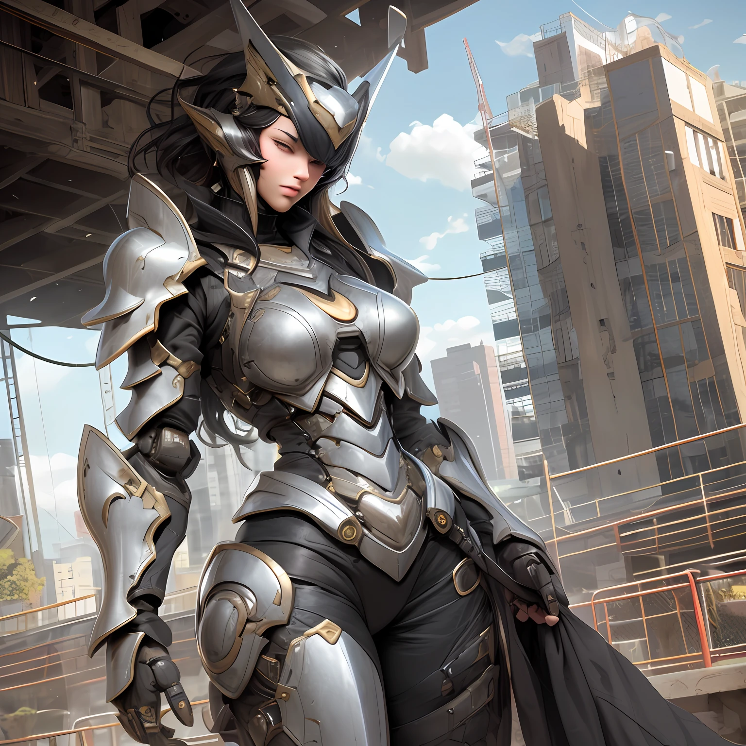 Beautiful tall woman with robotic armor with super realistic and well detailed black hair