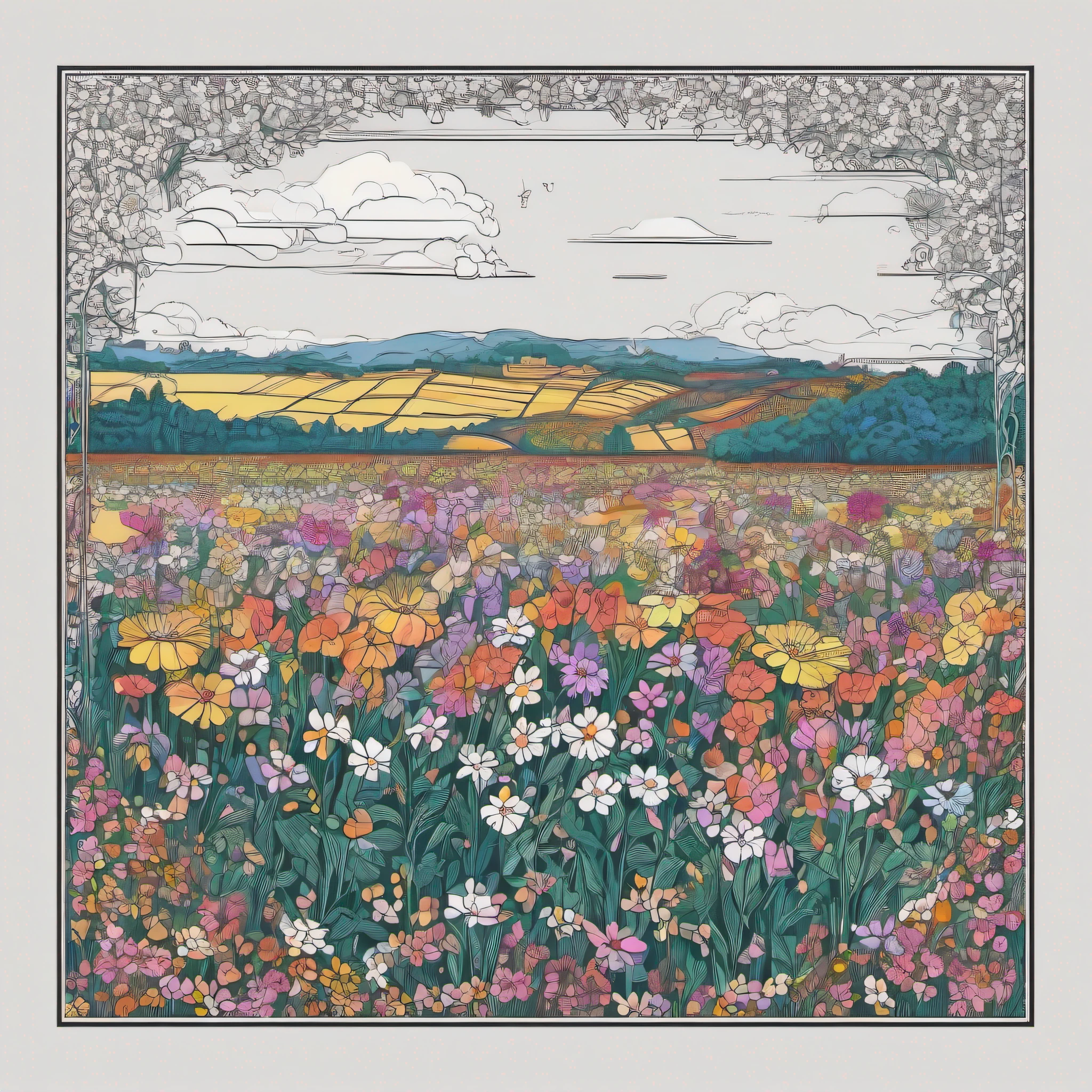 Flowers (field of flowers), ((close-ups)), portrait, line art