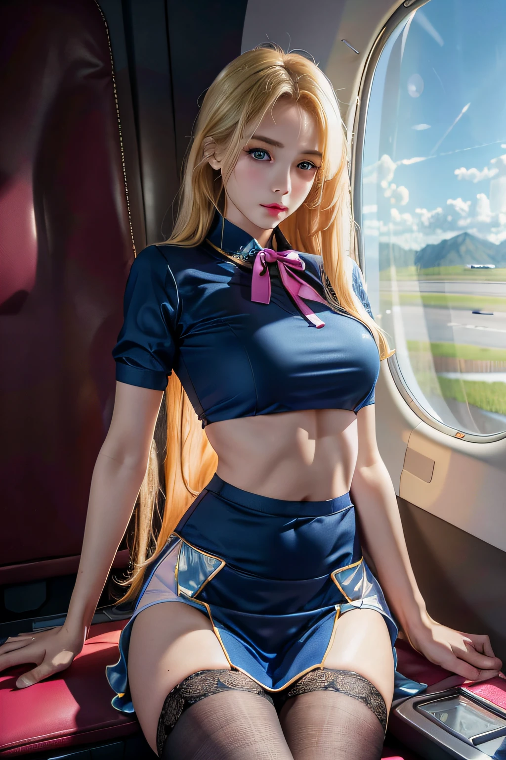 (8K, RAW photo, Best quality, Mastery:1.2), (Realistic, photo-realistic:1.2), (超高分辨率), (Ultra detailed), absurderes, 1girll, Long blonde hair，Blue pupil，pretty  face, symetrical eyes, Taiwan  5, Perfect body proportion,middlebreast，（Pink flight attendant uniform，Lace skirt：1.3），Open navel，tight-fitting，Badges，Thin leg，Fine skin，looking at viewert，（inside airplane：1.2），Motion capture，Frontal view