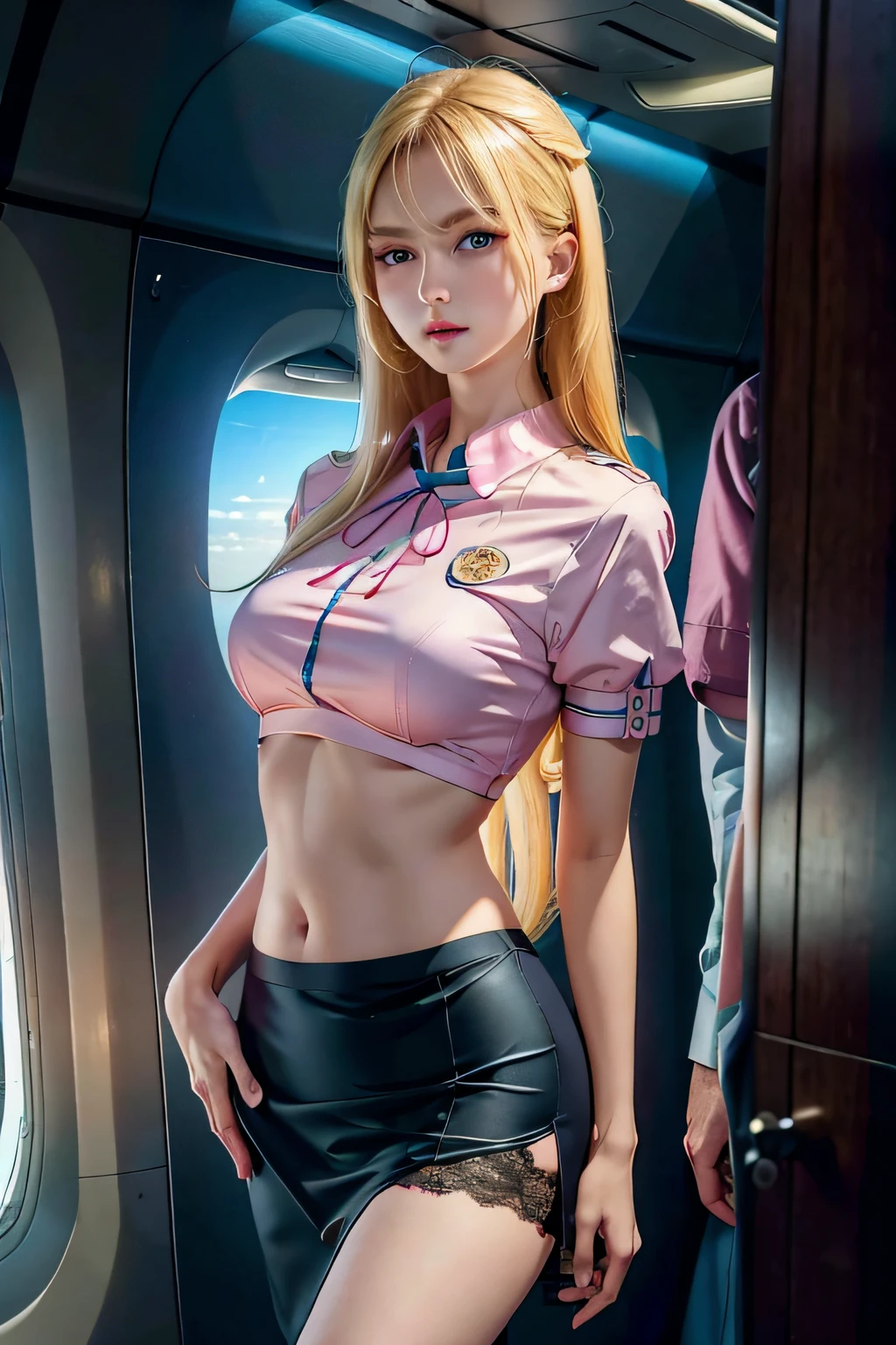 (8K, RAW photo, Best quality, Mastery:1.2), (Realistic, photo-realistic:1.2), (超高分辨率), (Ultra detailed), absurderes, 1girll, Long blonde hair，Blue pupil，pretty  face, symetrical eyes, Taiwan Baby 5, Perfect body proportion,middlebreast，（Pink flight attendant uniform，Lace skirt：1.3），Open navel，tight-fitting，Badges，Thin leg，Fine skin，looking at viewert，（inside airplane：1.2），Motion capture，Frontal view