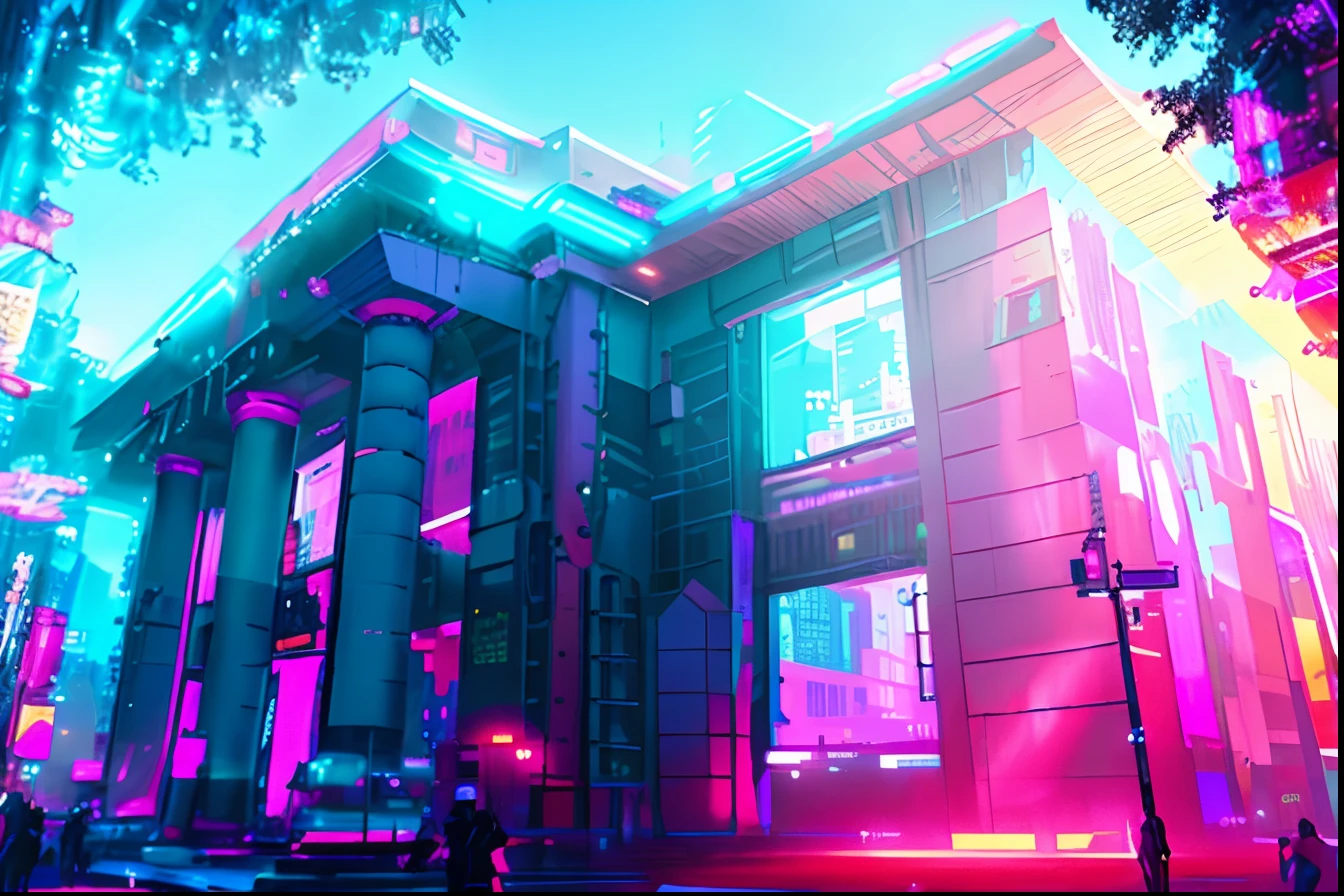 Forum, town square, Futuristic construction, Neon light, Cyberpunk, Cyberpunk buildings in the background, fundo desfocado, UHD, detalhada
