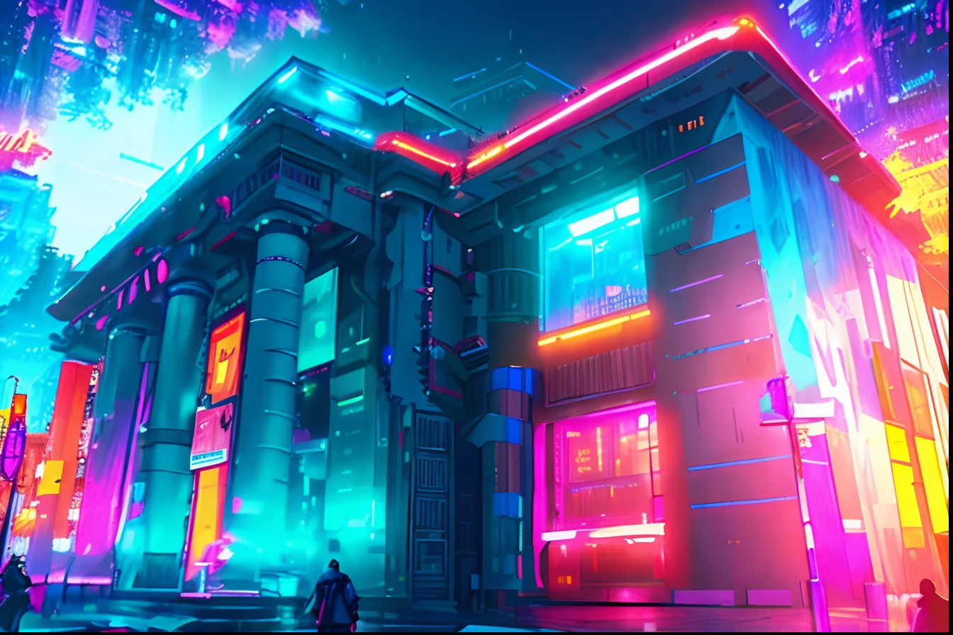 Forum, town square, Futuristic construction, Neon light, Cyberpunk, Cyberpunk buildings in the background, fundo desfocado, UHD, detalhada