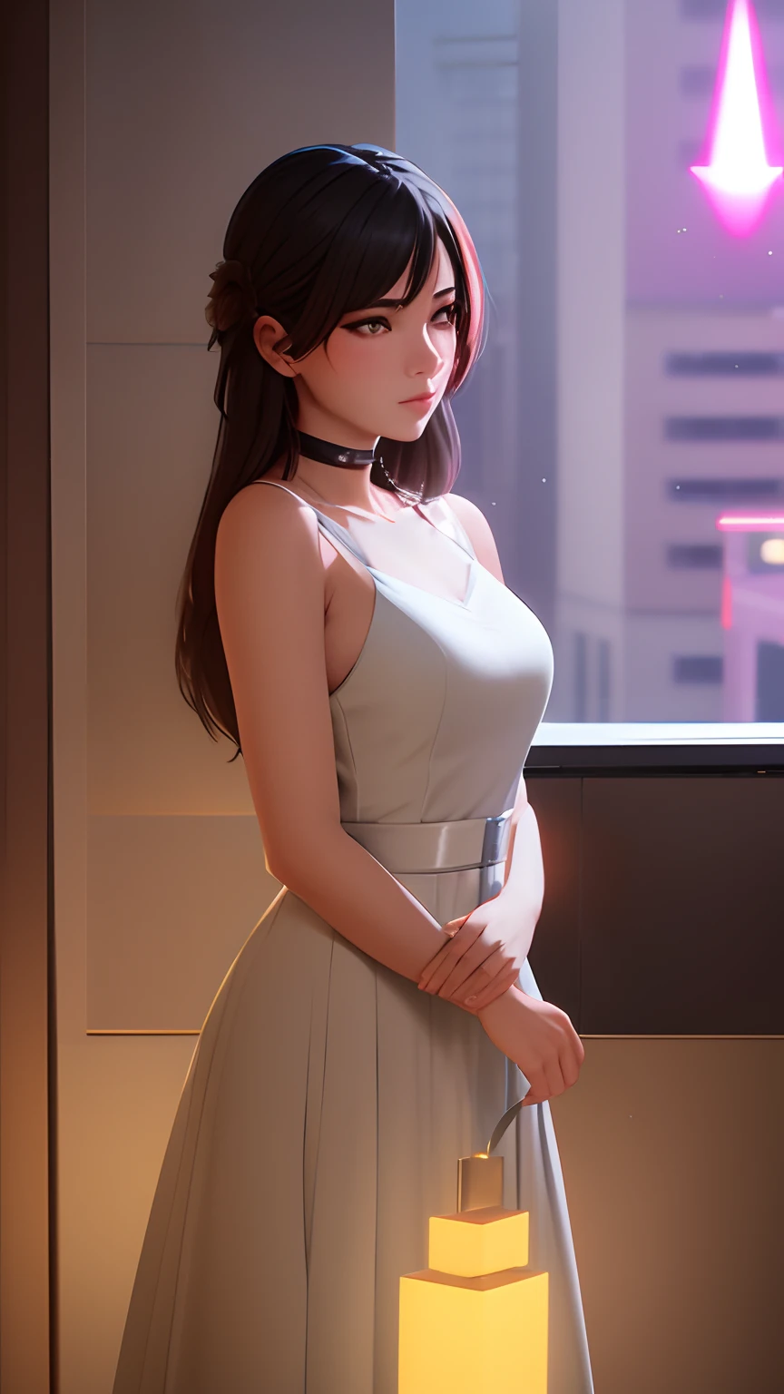 cute young woman, ultra high quality, volumetric, bioluminescence, luminism, pink-orange, global illumination, ambient occlusion, masterpiece, art by Ilya Kuvshinov, omimoji, busy image, Tokyo anime awards winner, octane render, unreal engine 5,