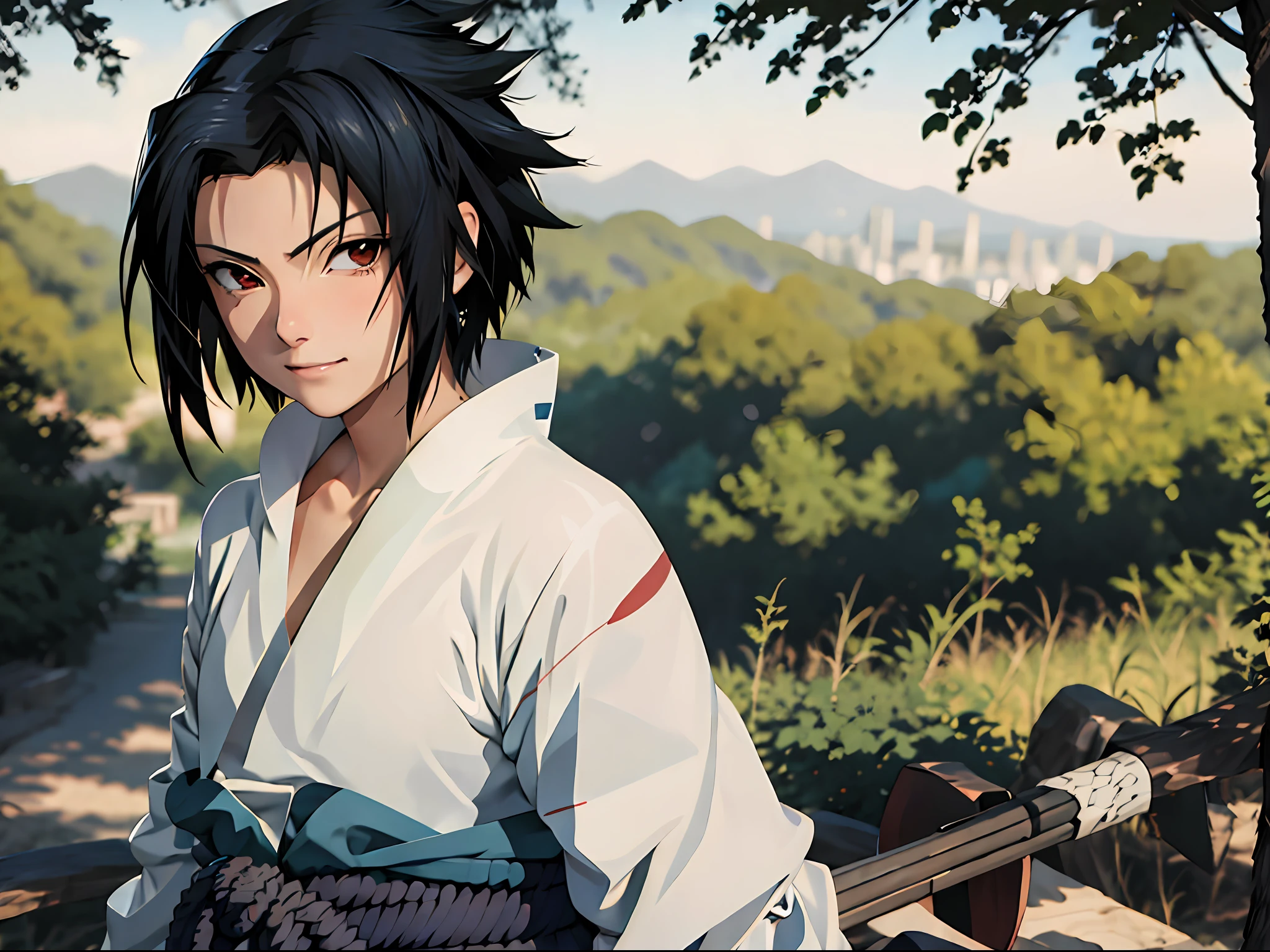 tmasterpiece， Best quality at best， 1girll，sasuke， little breast，（upperbody closeup)，is shy，ssmile，Black hair，Japanese Katana Sword