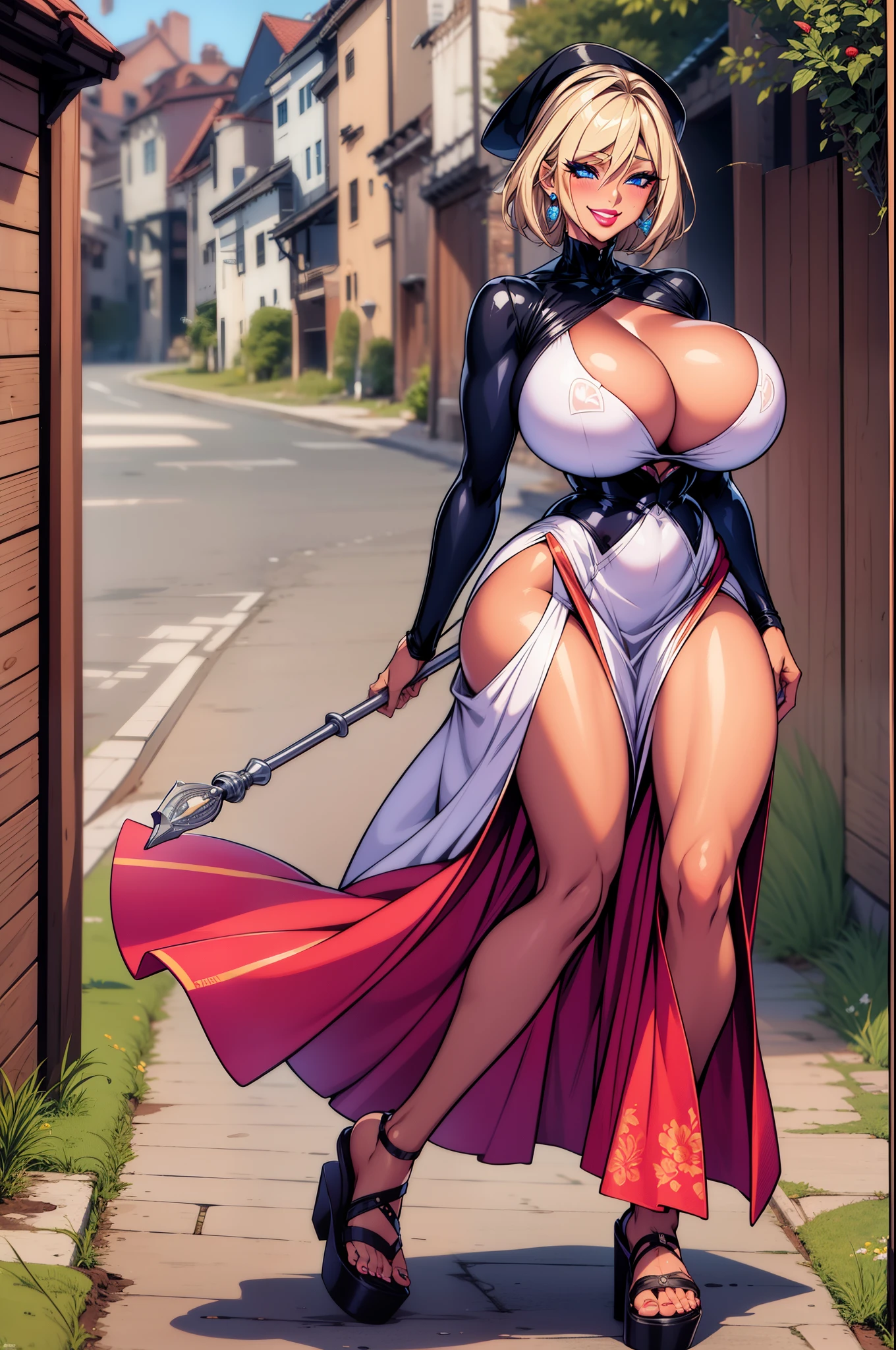 ,bimbo, slim waits, short hair, lipstick, wide hips, huge breasts, , huge breasts, milf,blonde hair, short hair, lipstick, makeup, , (blue eyes), perfect eyes, earrings, smiling, blushing, walking,*priestess, pullover, , walking flipflops, long skirt, medieval clothing, solo, floral crow, staff, wizard, full body, flipflops, medieval village, long robo, long skirt, big skirt, pants