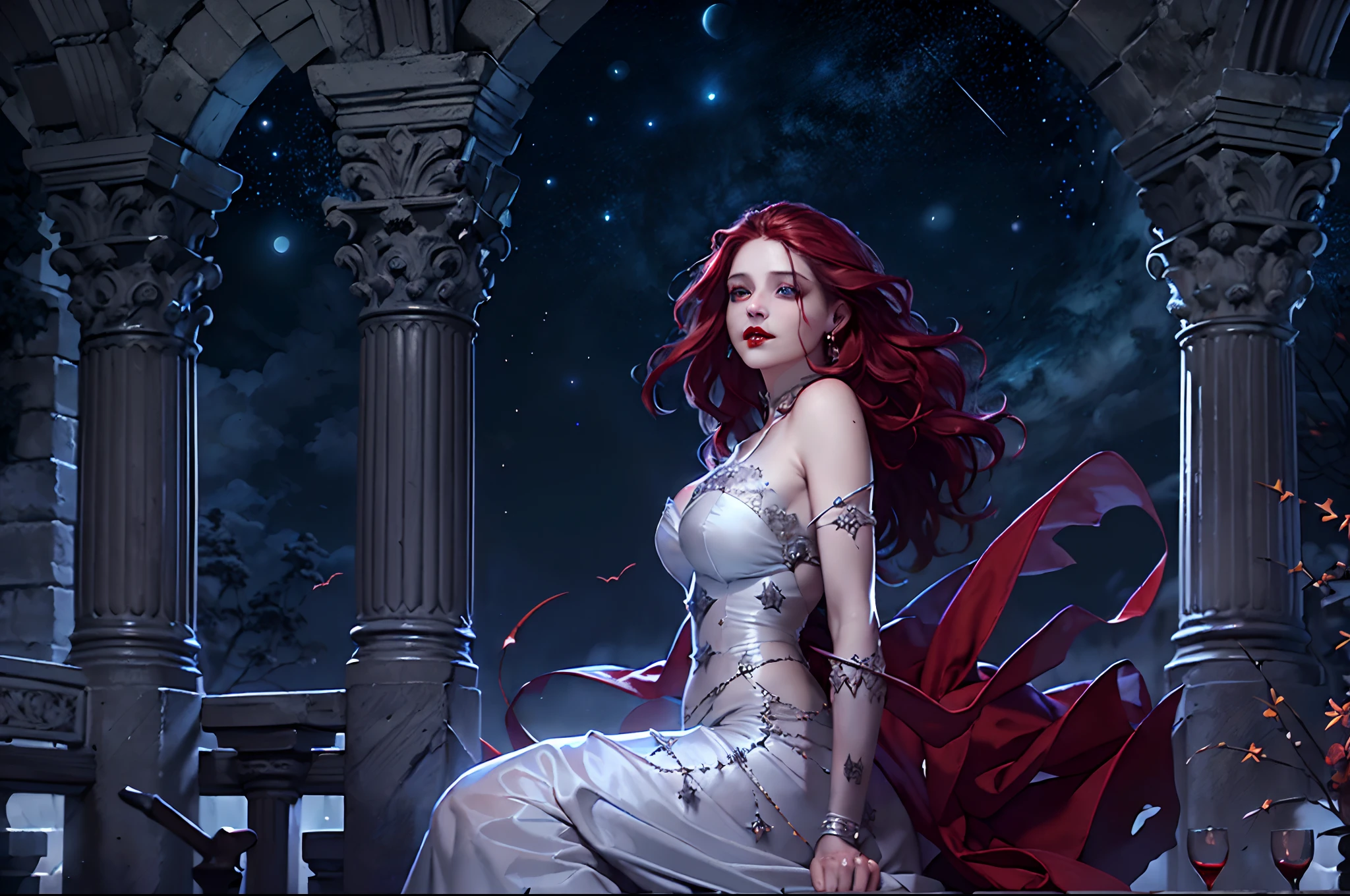 a picture of an exquisite beautiful female vampire standing under the starry night sky on the porch of her castle, dynamic angle (ultra detailed, Masterpiece, best quality), ultra detailed face (ultra detailed, Masterpiece, best quality), ultra feminine, grey skin, red hair, wavy hair, dynamic eyes color, cold eyes, glowing eyes, intense eyes, smirking, smile with [[drops of blood on face]], dark red lips, [fangs], wearing white dress (ultra detailed, Masterpiece, best quality), blue cloak (ultra detailed, Masterpiece, best quality), long cloak, flowing cloak (ultra detailed, Masterpiece, best quality), high heeled boots [[in starry night sky]], sky full of stars background, moon, bats flying about, high details, best quality, 8k, [ultra detailed], masterpiece, best quality, (ultra detailed), full body, ultra wide shot, photorealism, dark fantasy art, dark fantasy art, gothic art, many stars, dark fantasy art, gothic art, sense of dread,