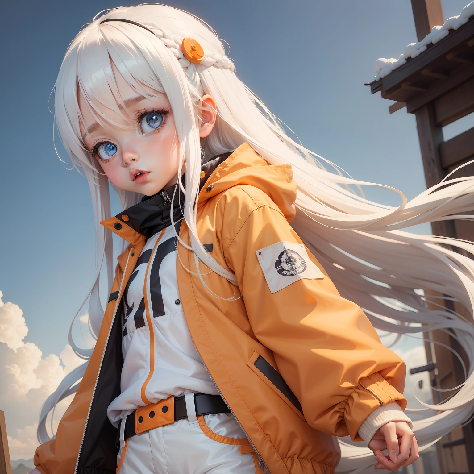  with long white hair wearing an orange jacket with white pants blue eyes manga style