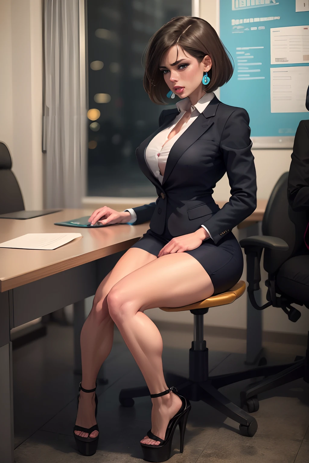 Brazilian, Bob haircut, sexy secretary, muscular legs, muscular calves, Strong legs, muscular hips, wide thighs, Curvy hips, A full body shot, high-heeled sandals, tights in a net, Stiletto heels, Women's business suit with a short skirt, large ring earrings, He really wants to pee, in office, sitting at a table, Talking on the phone, wants to pee, desperately wants to pee, wants to urinate, An expression of shame on his face, confusion, Desperation on the face, crying, pinches the crotch with his hand, crumples the hem of the skirt with his hands, Knees clenched together, Tense posture, bites his lower lip, full bladder, terribly wants to go to the toilet, anatomically correct, Realistic, side-view